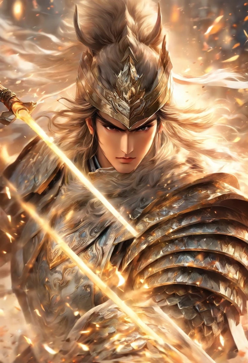 zhao yun,A young general in white,Holding a silver spear in his hand,Warring states,The armor which is gorgeous with a silver-white pattern,Clear, delicate and handsome facial features,A pair of murderous eyes,Very clearly visible face,Riding a white steed is charging,Lead the way