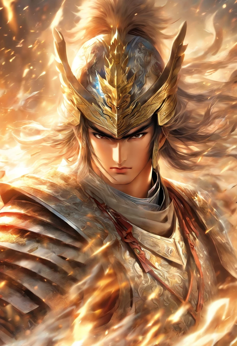 zhao yun，A young general in white，Holding a silver spear in his hand，Warring states，The armor which is gorgeous with a silver-white pattern，Clear, delicate and handsome facial features，A pair of murderous eyes，Very clearly visible face，Riding a white steed is charging，Lead the way