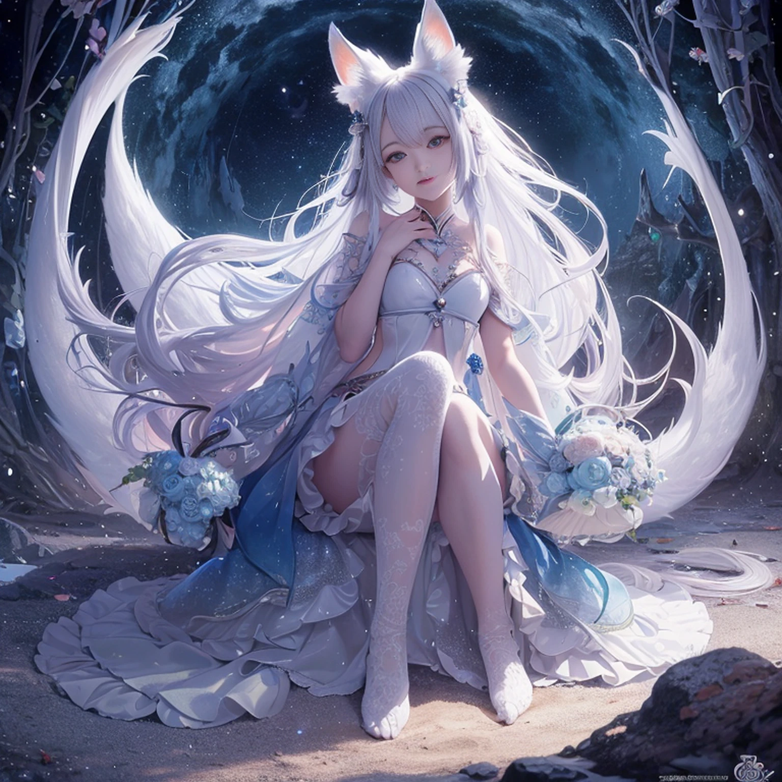 Cat girl, albino, blue eyes, sparkling eyes, background night start,light, ultra realistis,8k image, ultra hd