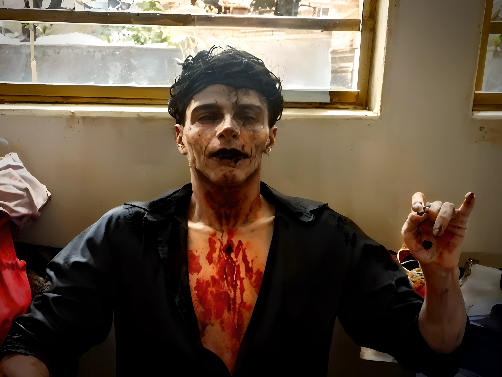 There's a man with blood on his face and hands, by Amelia Peláez, olhar assustador, male vampire of clan banu haqim, horror corporal, Em um estilo de Halloween, Directed by: Samuel Silva, corpo-horror, Corpo - Horror, by Gina Pellón, Directed by: Ramon Silva, Directed by: Matteo Pérez, sangue no rosto