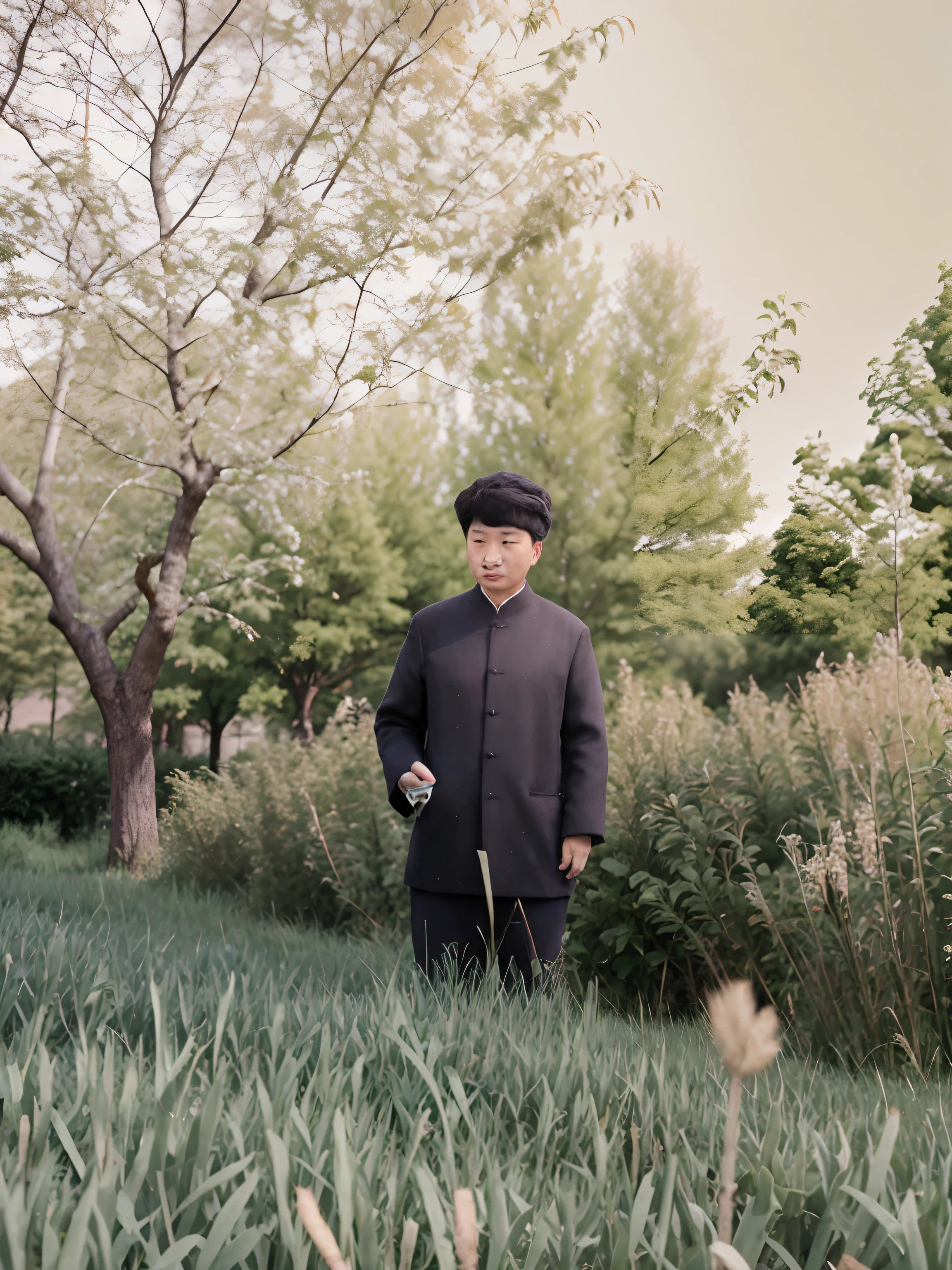 There was a man standing on the grass, photographic still,  , inspired by Li Shan, inspired by Lü Ji，The texture of the clothes is clear，Clothes from the Republic of China period，The background is a tree