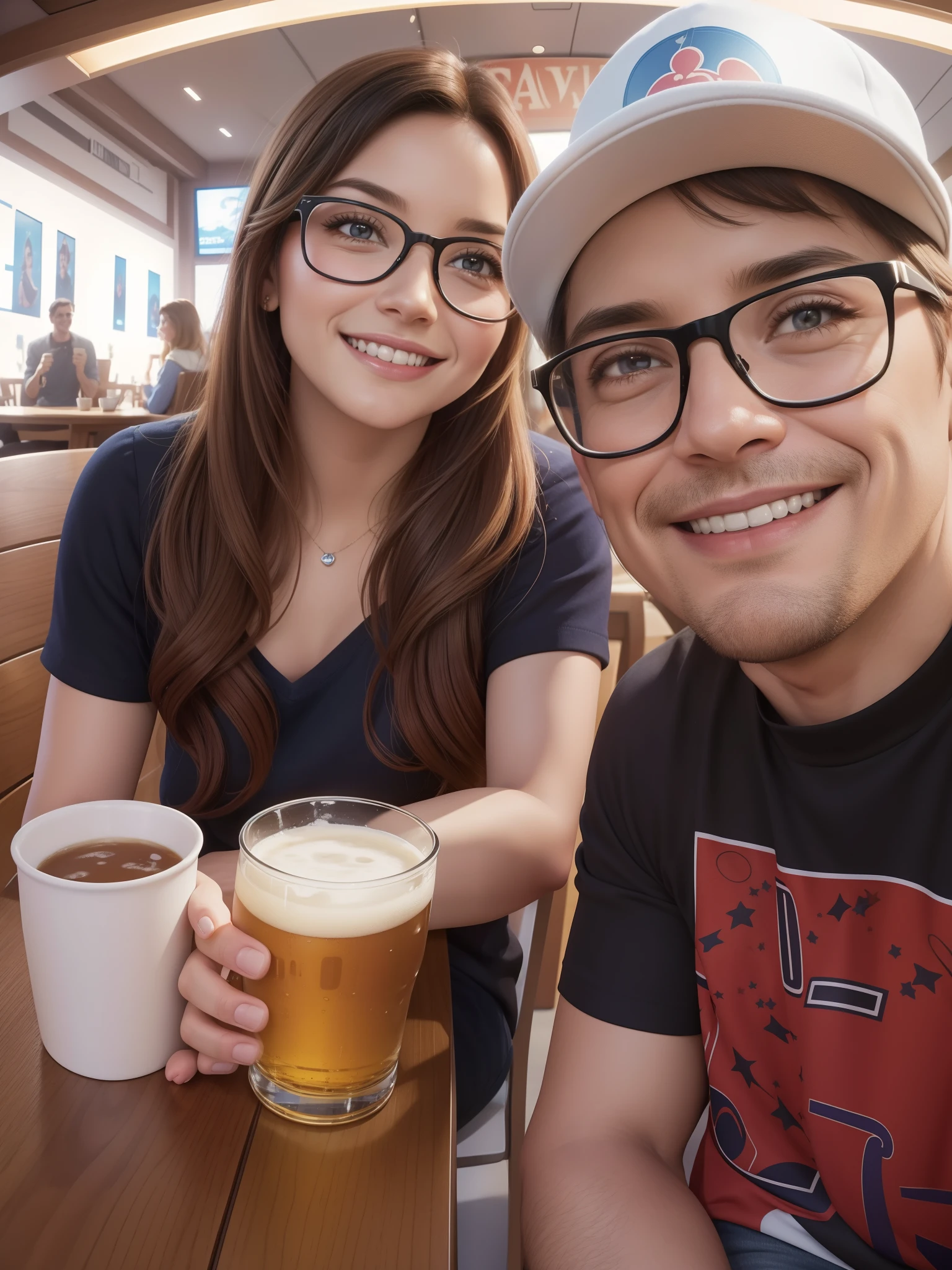 A poster of the Disney Pixar movie,Their love is about the movie, Years love between a man and a woman with prominent text visible to the eye charming "SAIMON ❤️ DENISE", The high definition character smiling at a table while sitting at a table drinking beer and very happy , UHD 32k, realism rendering, Motor irreal, realista,