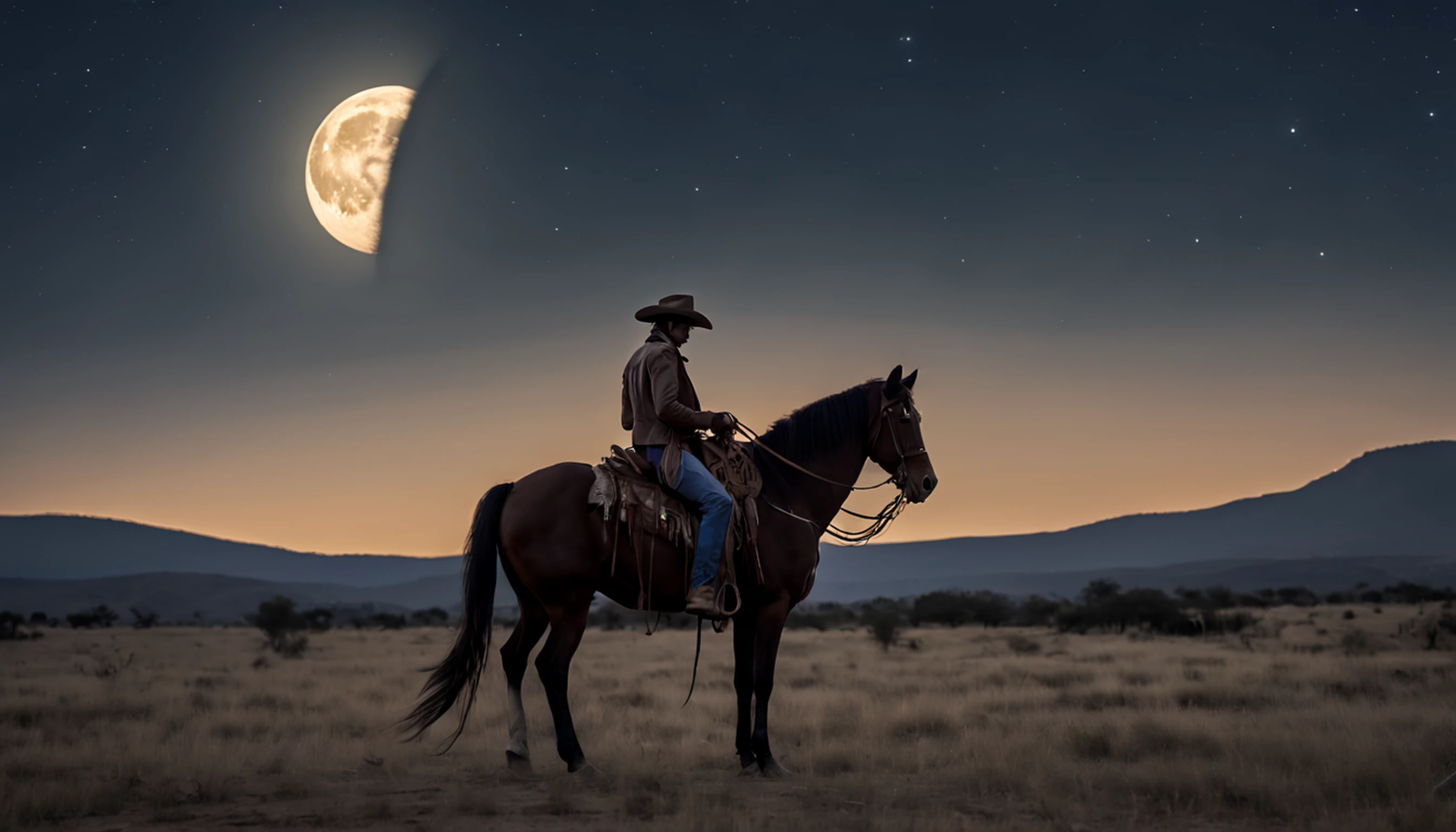 There is a man on a horse in front of a full moon, Andar a cavalo na lua, vaqueiro, Cowboy na Faixa, Back photo of a cowboy, No Velho Oeste, O Cowboy no Estranho Oeste, Velho Oeste, Lone guard, sonho de vaqueiro, quadrinhos ocidentais inspirados, lonely rider, Directed by: Cindy Wright, space western, Fotografia Moonwalker