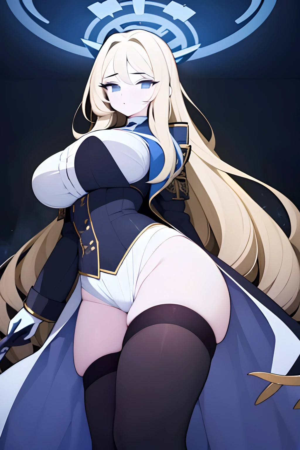 tall female, hourglass body and large breasts and she is a long blonde hair and she have beautiful face, white dress shirt, a purple ribbon with gold and light blue accents and white gloves. She also wears a black corset-like piece, which has a light blue inner part and four golden buttons, black, high waisted shorts and nylon tights, with a black thigh garter on her on legs and black and white ankle-length boots with heels. Over her uniform is a short blue jacket that hangs off her shoulders