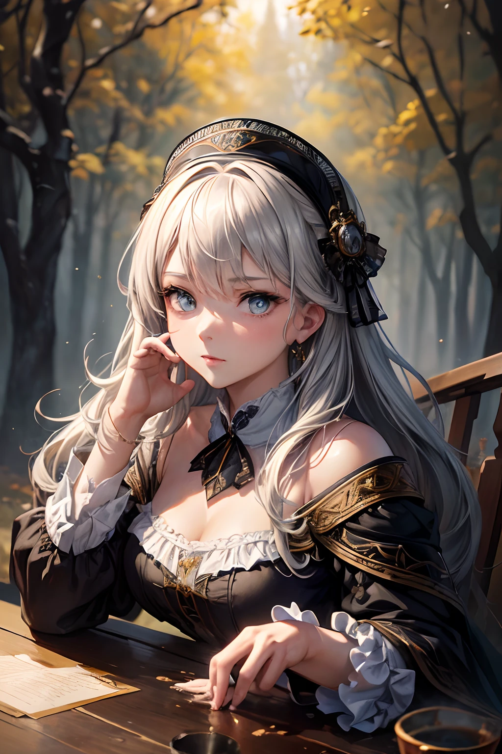 (8K, Best Quality, masutepiece: 1.2), (Best Quality: 1.0), (Ultra-high resolution: 1.0), watercolor paiting, Beautuful Women, (shiny pupils,Blue Pupils),shoulder, head band, agnes cecile, bust portrait, extremely luminous bright design, Pastel colors, autumn lights, Moody Gray, Tenacious style style Alexey Savrasov, Ivan Shishkin, Ilya Repin, (Card Retouching: 1.2), 2D, (Oil Painting: 1.2) Highly detailed