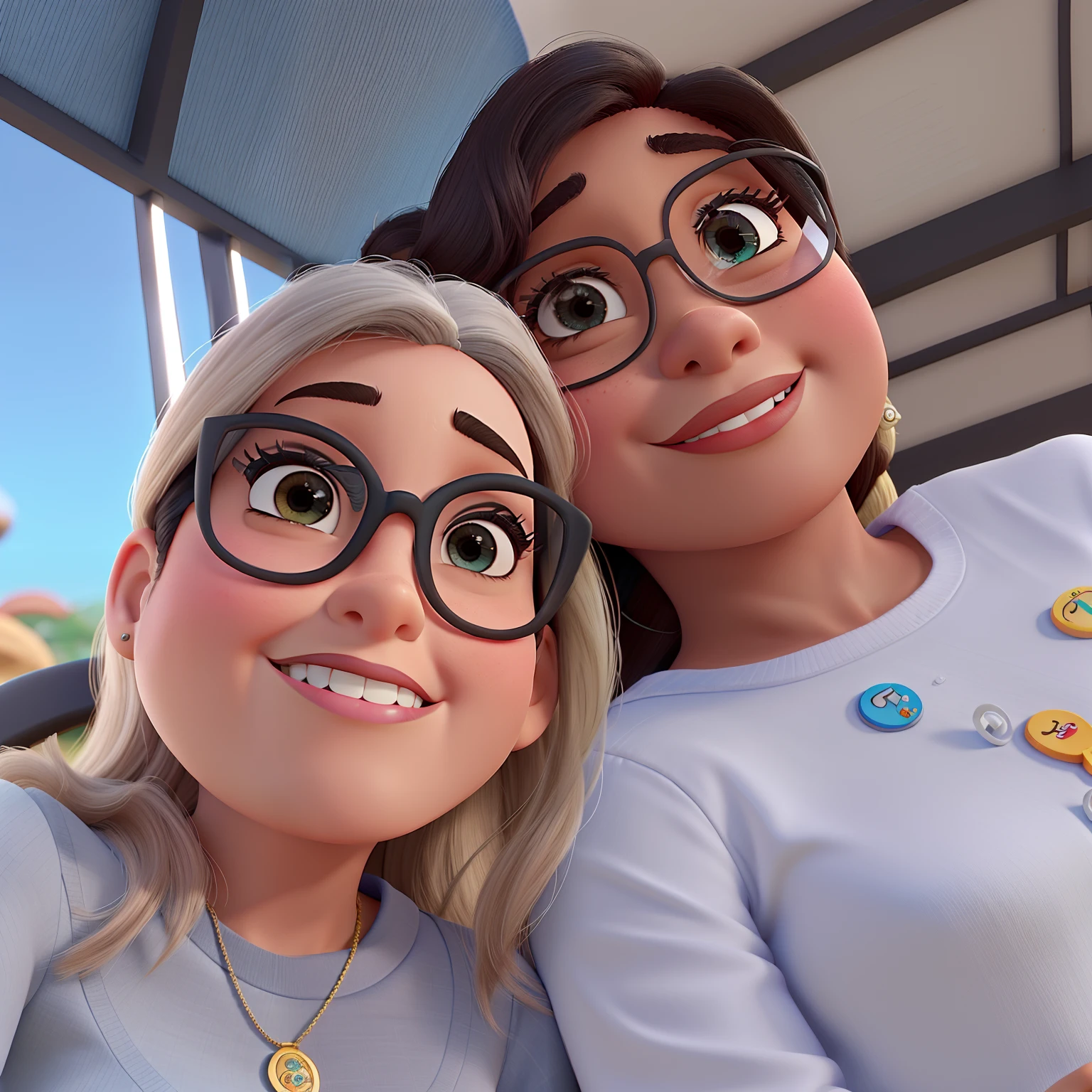 Poster no estilo Disney pixar, alta qualidade, melhor qualidade, mulher loira e mulher negra cabelos cacheados