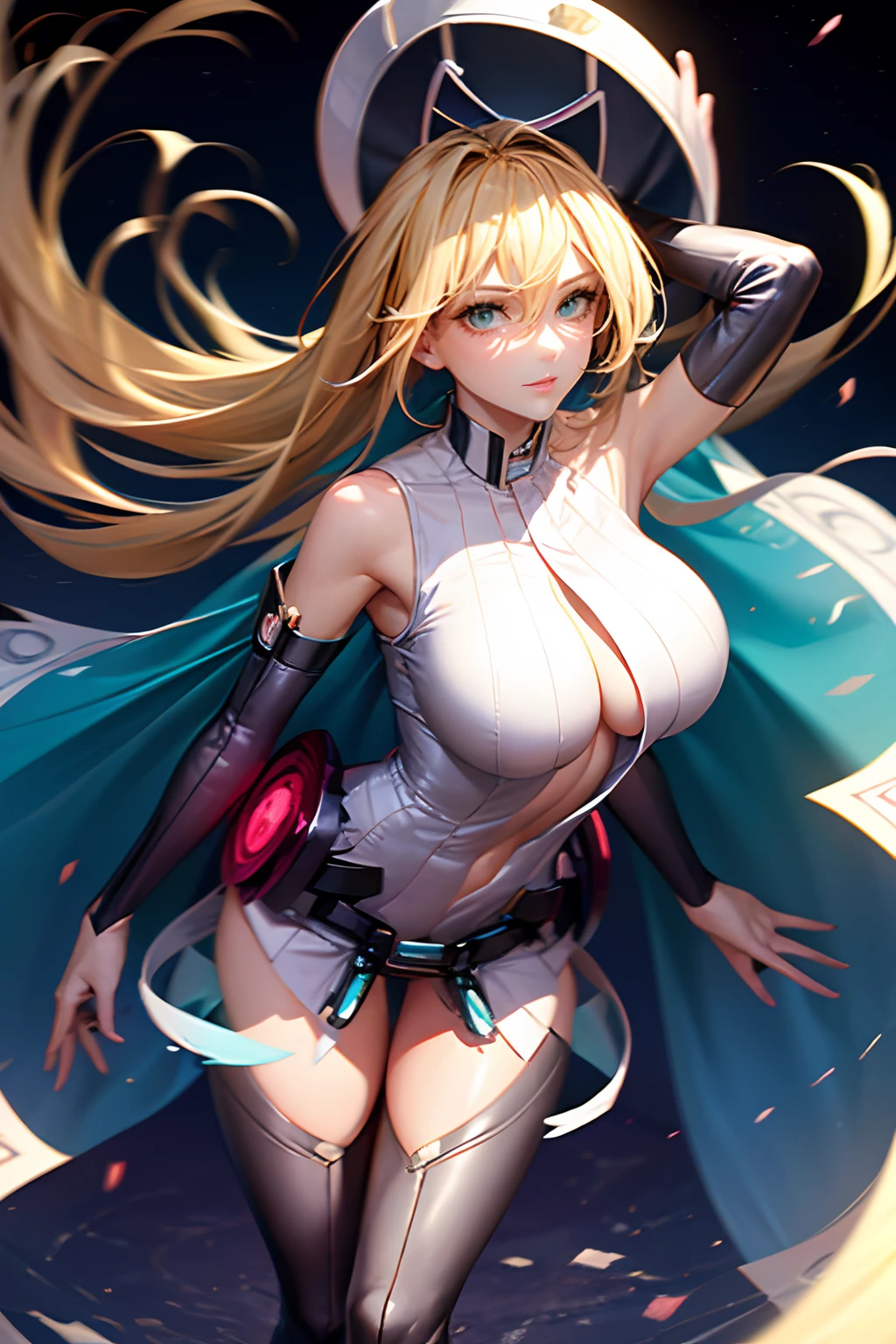 (Obra maestra:1.2), (La mejor calidad:1.2), Perfect lighting, Chica Maga Oscura lanzando un hechizo, flotando en el aire, tetas grandes, escote, fondo de magia. Corazones transparente en el hambiente, blue robe, sombrero grande, desde arriba, Destellos, Yugioh Card en el fondo
