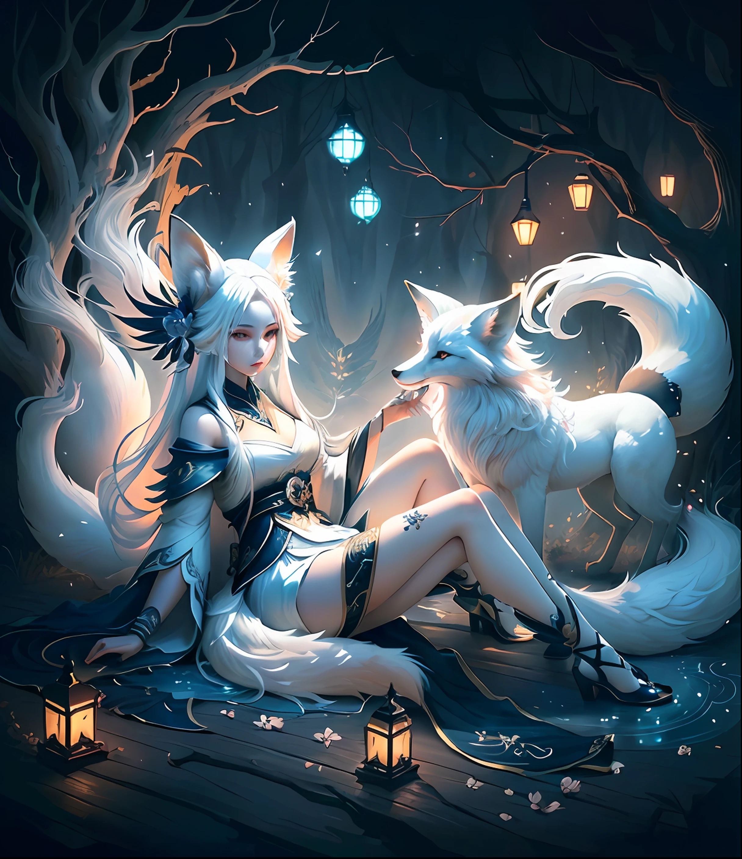 anime girl with white hair and white wolf on a branch, white - haired fox, ahri, art of silverfox, fantasy fox love, white fox, ethereal fox, wlop and rossdraws, dark fox mage, vampire white fox, a beautiful fox lady, rossdraws 2. 5, digital fantasy art ), kitsune, rossdraws 1. 0