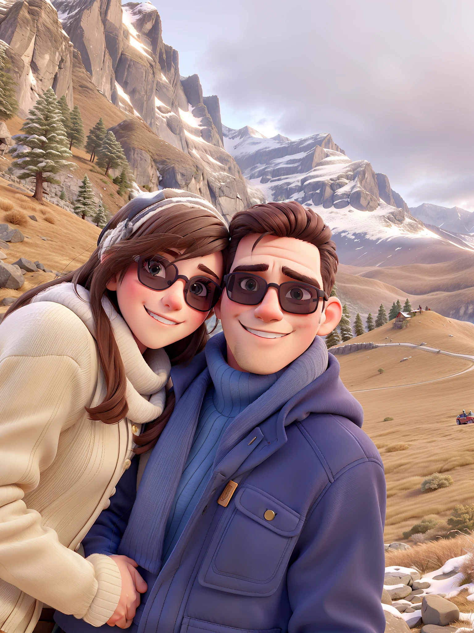 A cute couple in sunglasses in a mountainous landscape, where the mountains are partially covered by snow
