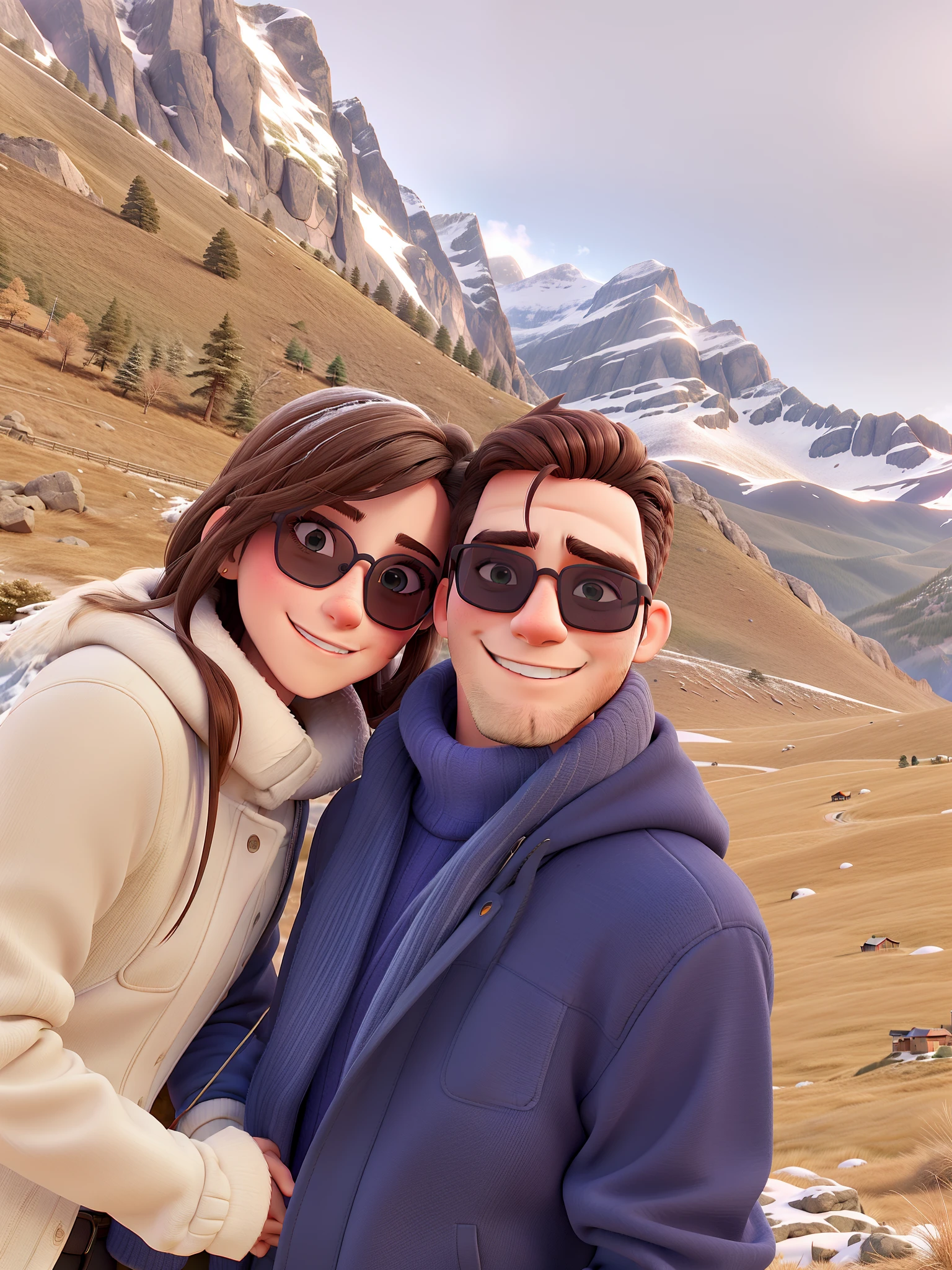 A cute couple in sunglasses in a mountainous landscape, where the mountains are partially covered by snow