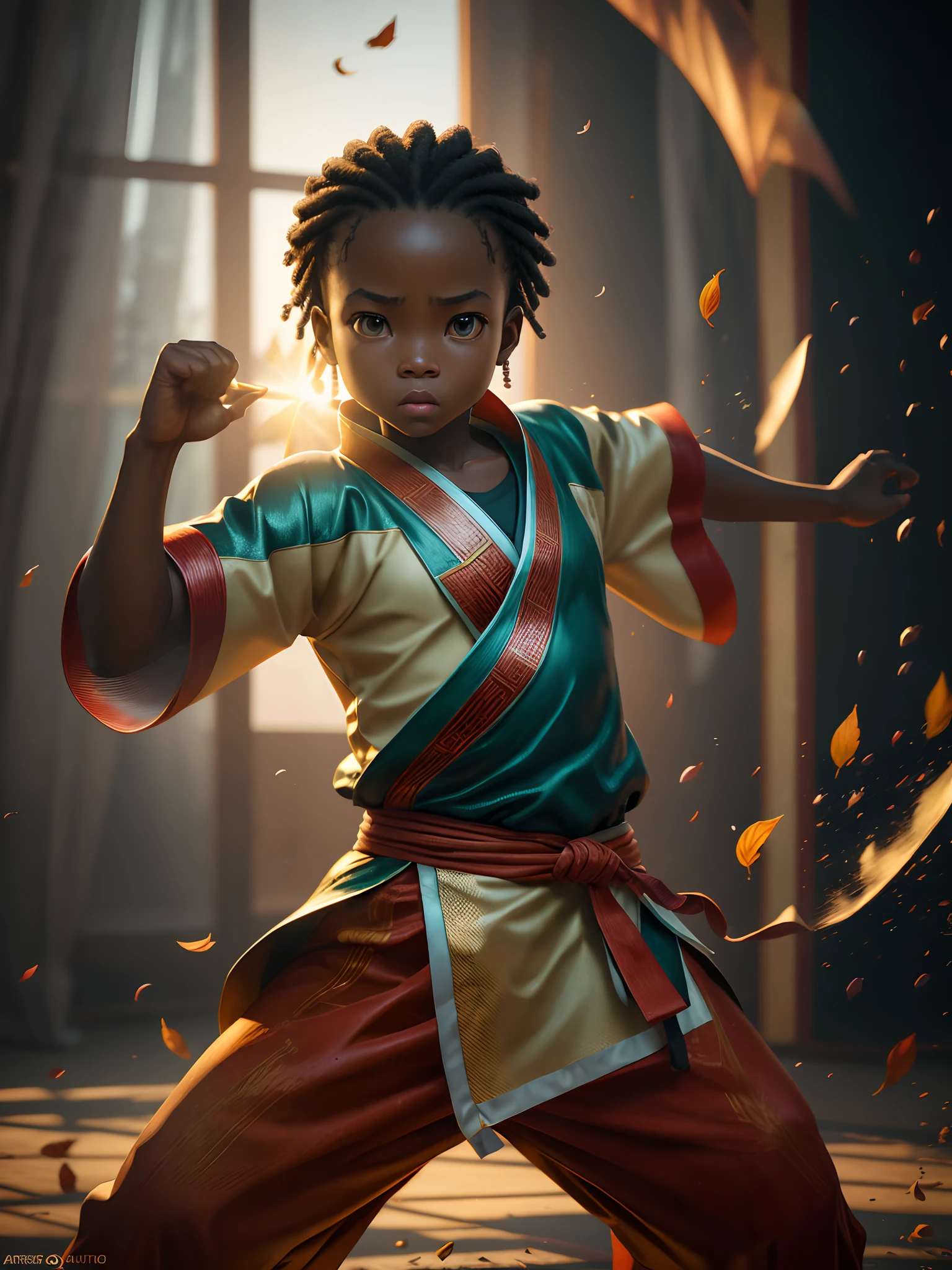 Wide angle shot of an African  in kung-fu fighting pose, tough serious face in African designed kung-fu clothes, holding leaves blown by the wind floating in circular rotation around the child, African designed dojo in the background, sunrise in the scene shining, with beautiful iridescent light, artgerm style, 32k, ultra HD, unreal engine rendered, hyper-realistic image, octane 3d rendering, cinematic lighting, trending on artstation --auto --s2