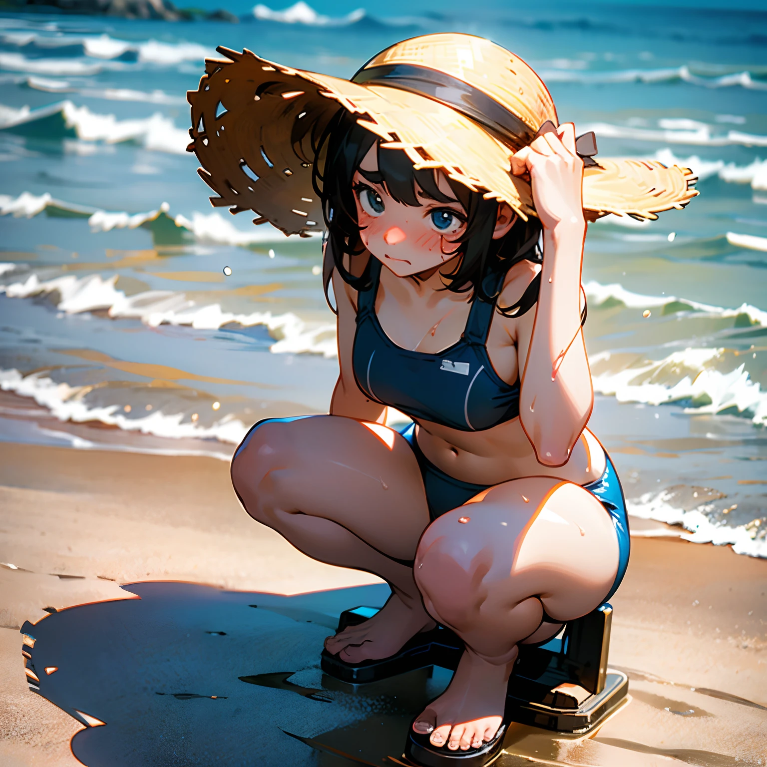1girl, young, squatting on sand, needs to use the toilet, wet, holding hat on head, ultra realistic, swimsuit, showing stomach, embarrassed