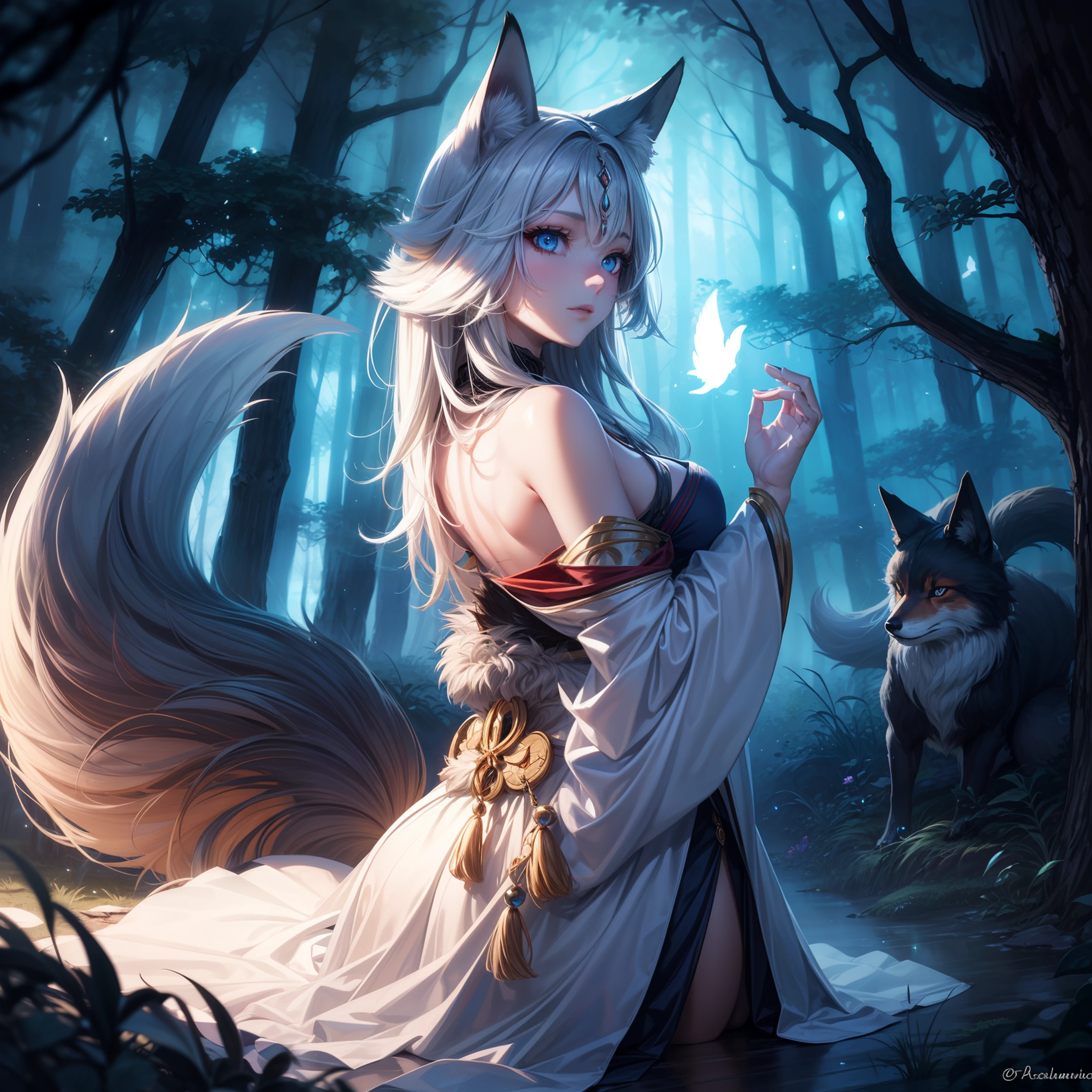 Intriguing fox spirit with mesmerizing eyes, ethereal beauty, and an air of mystique. Delicate fur patterns cascade in rich hues while the tails gracefully sway. Captivating forest background with enchanting lighting, evoking a sense of otherworldly magic.+"
