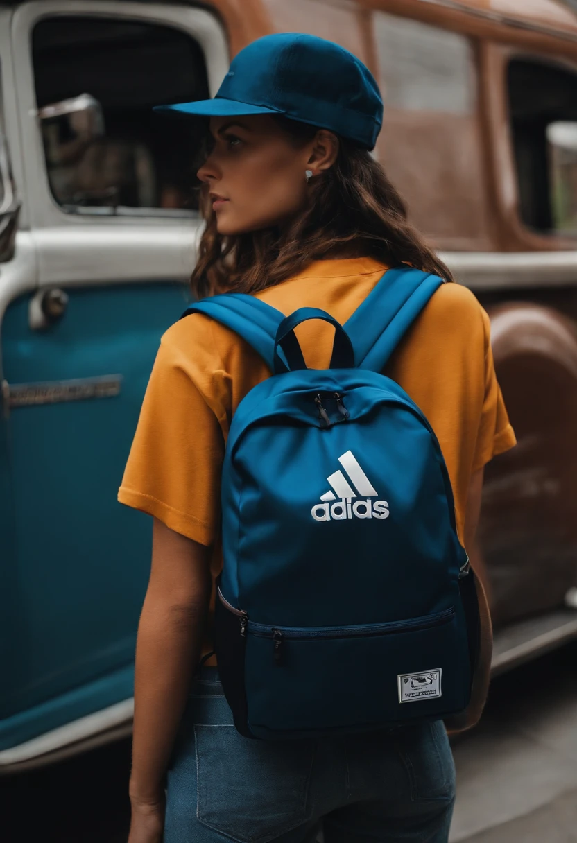 Um filme inspirado na Disney Pixar(ADULTO COM CABELO CURTO liso PRETO) with an Adidas hat and with a blue backpack
