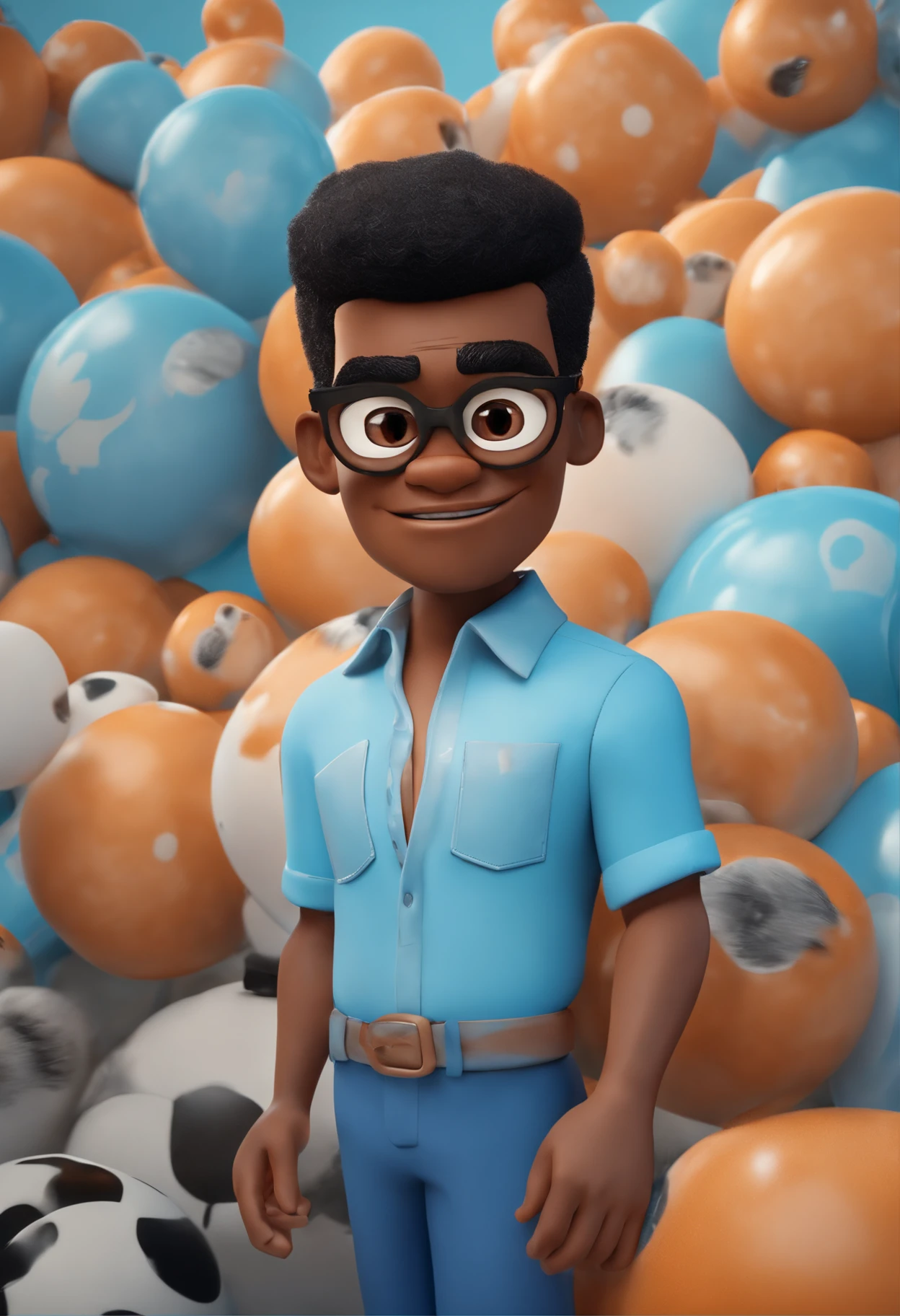 Um homem negro serio, com cabelos curtos e , vestindo uma camisa laranja de gola azul, em um fundo branco, no estilo Pixar, com detalhes faciais detalhados, asymmetrical in 3D and with a touch of cartoons