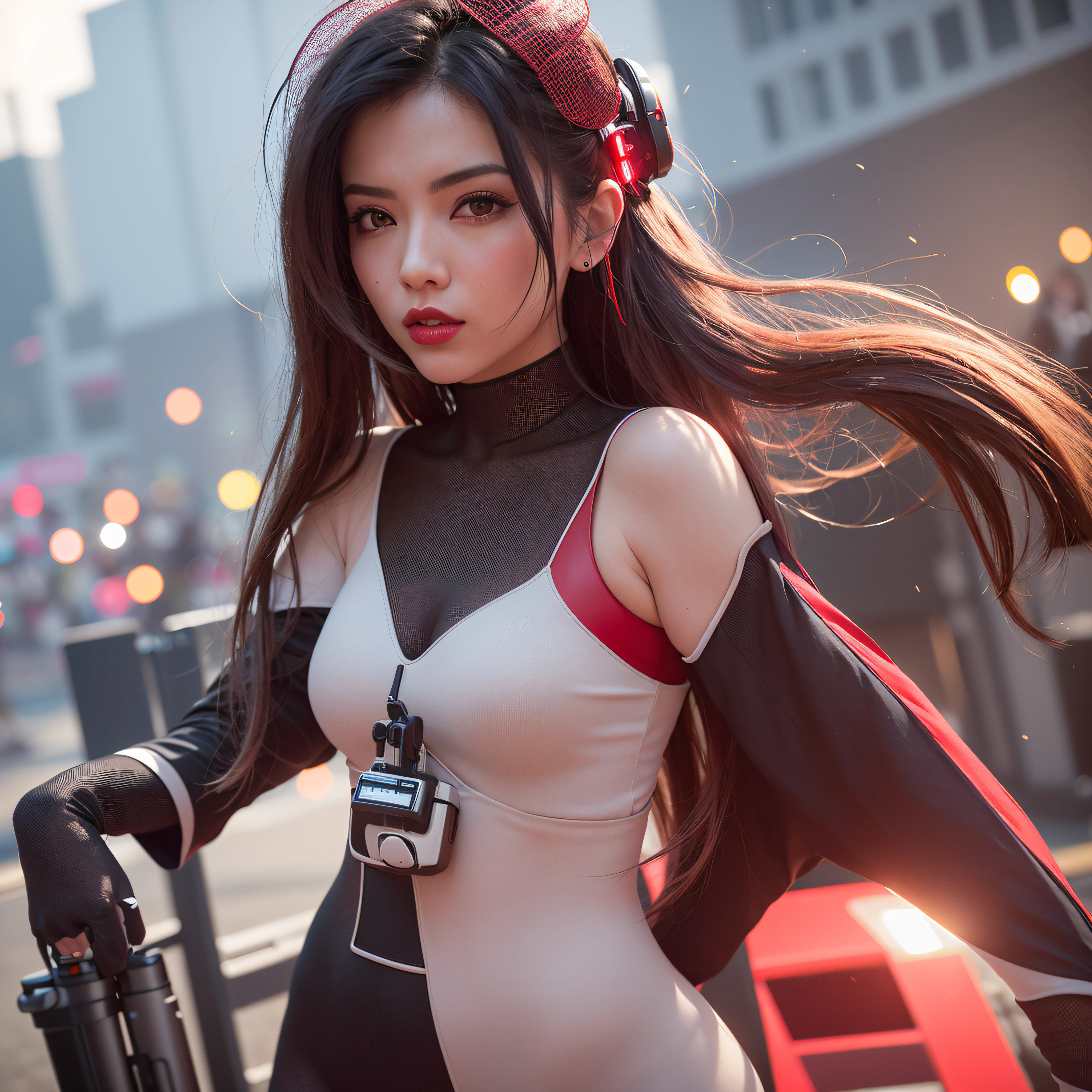 ((calidad superior)), ((obra maestra)), ((realista)), (Los detalles), (fotorrealista:1.5), (sexy geisha with red lips) Science-Fiction, HDR, Trazado de rayos, NVIDIA RTX, Los ultra-Highres, Irreal 5, Sub-Surface Scatterring, PBR texturizado, Post-procesamiento, Anisotropic filtering, Profundidad de campos, maximum sharpness and sharpness, Regla de los tercios、8K RAW、(Luminescent Particles:1.4)、(super-detailed CG、Unidad 8k Fondos de pantalla、lighting like a movie、destello de lente、foco nítido. sexy geisha with red lips, Robotic Parts, Cannon fire, Arte cyberpunk、arquitectura cyberpunk