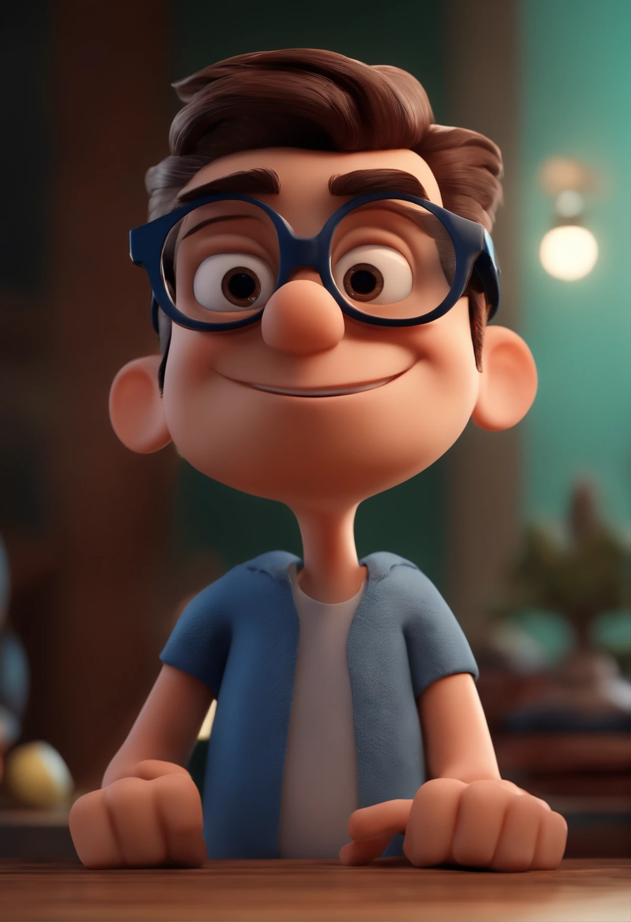 Cartoon character of a man with black glasses and a blue shirt, animation character, Caractere estilizado, animation style rendering, 3D estilizado, Arnold Maya render, 3 d render stylized, toon render keyshot, Personagem 3D, Personagem 3D, 3d rendering stylized, 3 d character render, personagem de desenho animado, Personagem de close up, Pose de personagem,  (Estilo Pixar) (master part:1.2) (Bokeh) (best quality) (pele detalhada) (textura detalhada) (8k) (argila) (Cinematic lighting) (foco nítido