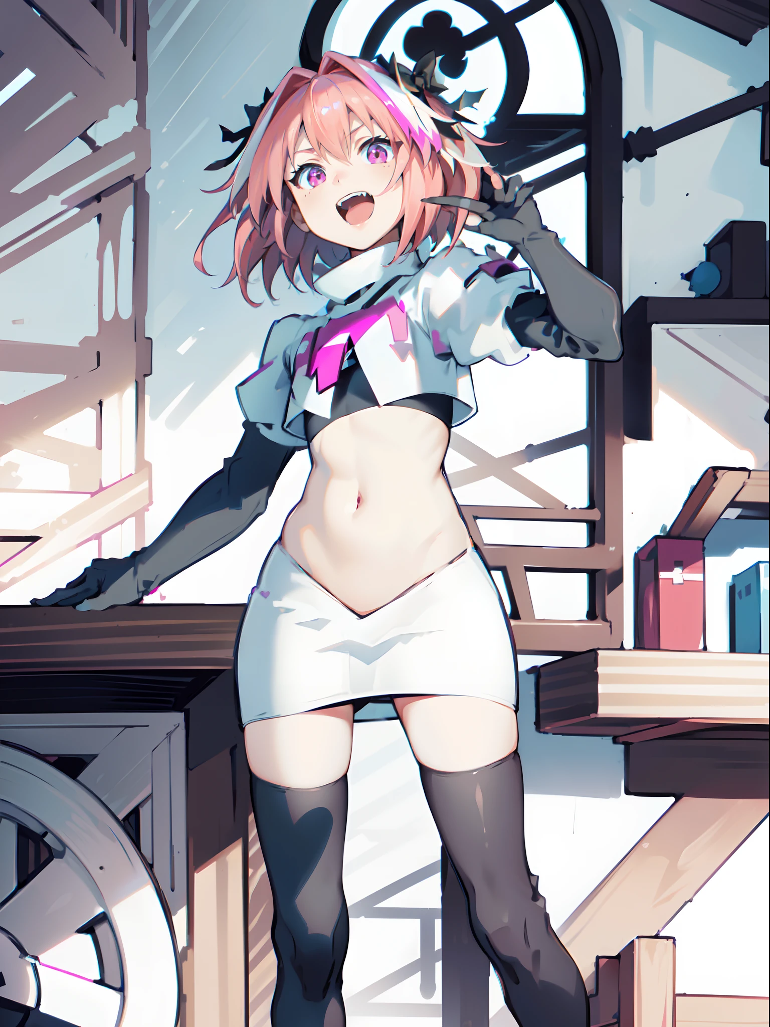 absurdres, masterpiece, best quality, (astolfo fate:1.2155), 1boy, male focus, trap, pink multicolored hair, pink hair, white hair, hair intakes, long hair, pink detailed eyes, crossdressing,1boy,team rocket,team rocket uniform,white skirt,crop top,black thigh-highs,black elbow gloves,