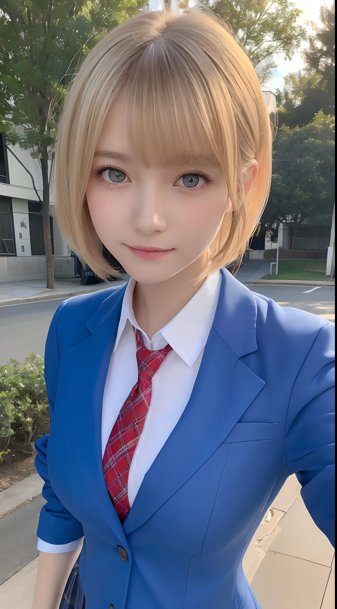 masutepiece,Best Quality,Ultra-detailed,finely detail,hight resolution,in 8K,((Photorealsitic:1.4,Raw photography,超A high resolution,Top image quality:1.4)),masutepiece、Best Quality、 ultra-detailliert、hight resolution、8K Wallpapers、Perfect dynamic composition,、Beautiful detailed eyes、(Beautiful breasts:1.1) 、Blue Blazer、student clothes、white shirt、red necktie、Plaid brown skirt、1girl in、a beauty girl、High school students、Blonde head hair、(a blond)short-cut、short-hair、Hide your left eye with hair、Red Eyes、ssmile