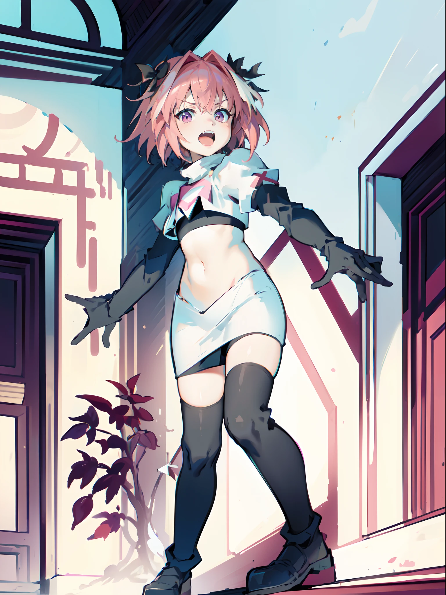 absurdres, masterpiece, best quality, (astolfo fate:1.2155), 1boy, male focus, trap, pink multicolored hair, pink hair, white hair, hair intakes, long hair, pink detailed eyes, crossdressing,1boy,team rocket,team rocket uniform,white skirt,crop top,black thigh-highs,black elbow gloves,