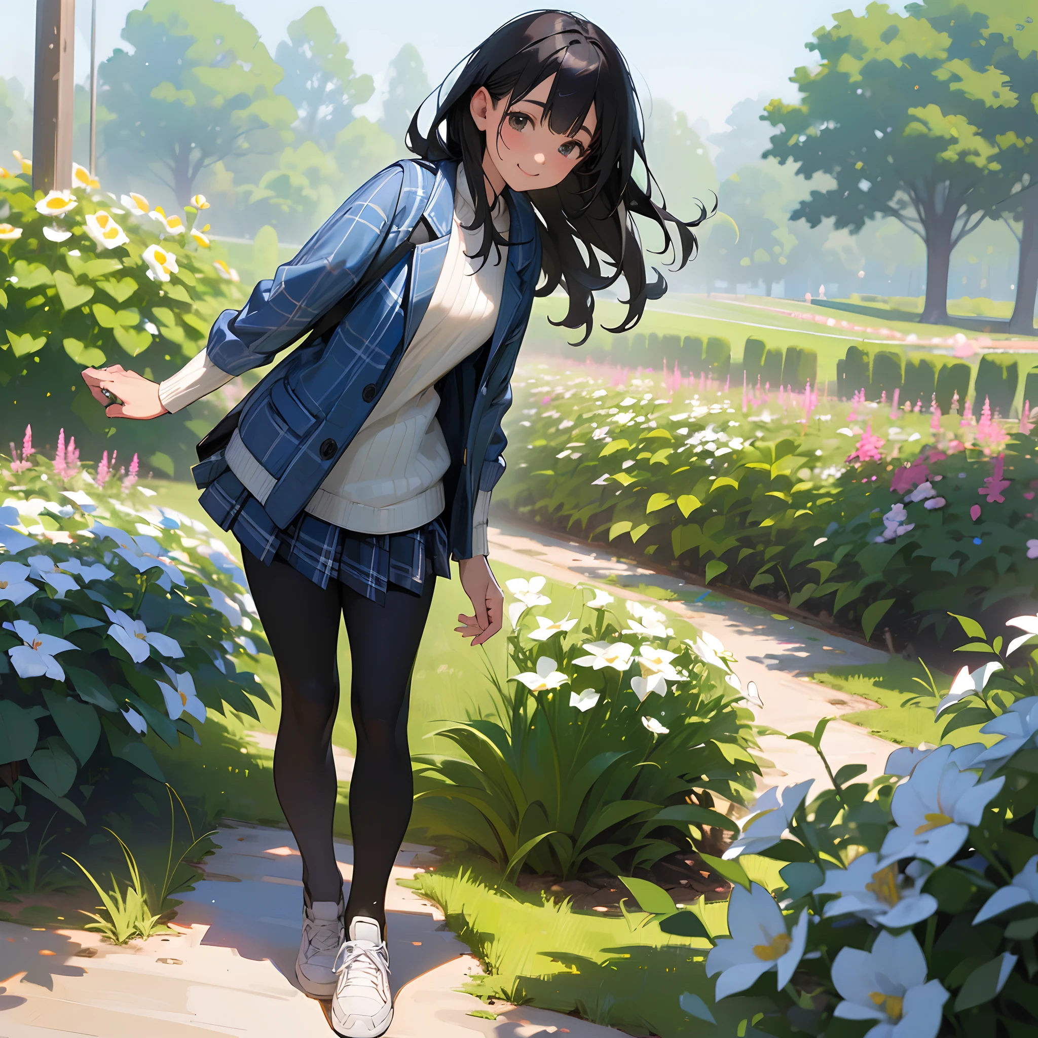 (High quality, High resolution, Ultra-detailed, Realistic:1.37), peaceful ambiance, (plein air, garden), Teenage girl standing alone, Beautiful detailed features, Cute smile, (Black bob hair), White ribbed sweater, blue plaid skirt, Black tights, White sneakers.
