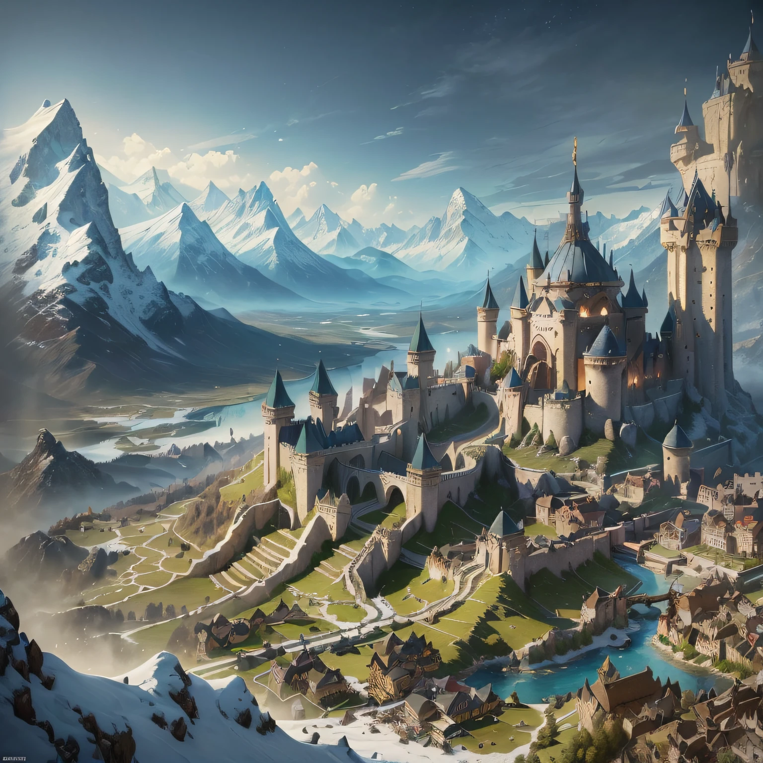 ((Best quality)), ((Masterpiece)), ((Realistic)), ((Fantasy Kingdom, kingdom, villages, borgar)), ((Mountains, Towering mountains, Snow-covered peaks, Mountains and mountains，The cave is great)), Sun Tzu's Art of War, Epic battles, Weapon forging