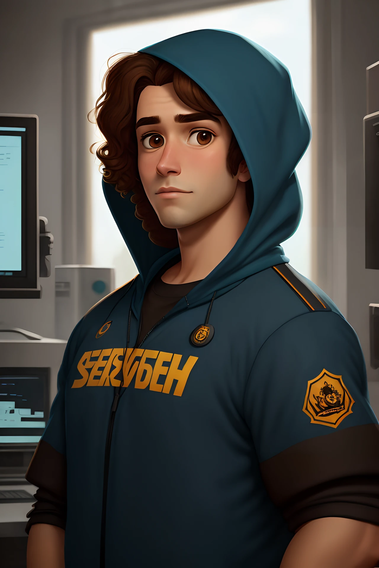 alta, parda, cabelo curto, cabelo preto liso, 25 anos, Security Technician, in the Disney Pixar animation style