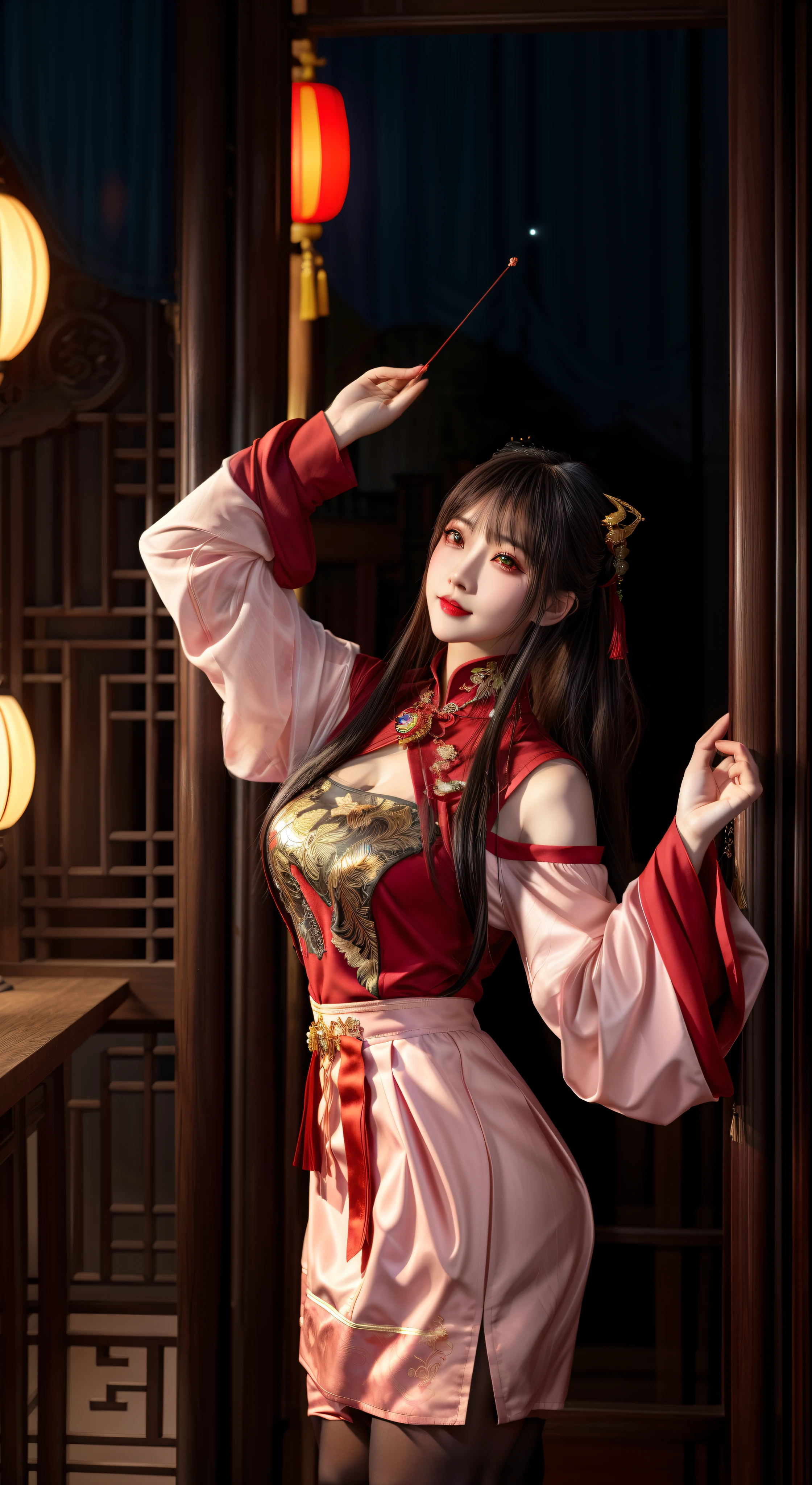 Naked without clothes best quality, masterpiece, highres, 1girl, hanfu, white and even teeth, red irises, chinese underwear, hair ornaments, necklace, jewelry, crown jewelry. Pretty face, full body, magic import style, tyndall effect, photo realistic, dark studio, border light, two tone light, (high detail skin: 1.2), 8k uhd, dslr , soft light, high quality, volumetric light, candid, Photo , high resolution, 4k, 8k, Bokeh, (light pink lips), 1 beautiful demon from hell, In the Dark: 1.6 ), surreal full-body women by David Hockney and Alphonse Mucha, fantasy art, photorealism, dynamic lighting, station art, posters, volumetric lighting, highly detailed faces, super 8k, Awarded, in the dark, dark, low light, cowboy lens, (Red phoenix dress: 1.4), long hair, black hair, bust, luxury palace, Royal family style family, devil's crown, red eyes with very sharp and detailed makeup, Best face, Very round and firm breasts, Surreal, chinese women's long clothes, buds Charming smile, Pretty eye makeup, guweiz, devil style, mesh stockings with lace-up waist sock, thigh-length top, dark red turtleneck turtleneck, ponytail with bow at the back , dark red lips, Devil tattoo on shoulder, overcast and thunderous landscape, (full body), Close-up of main character, (Background detail 1.8), lace-up tights, medium-sized butt,