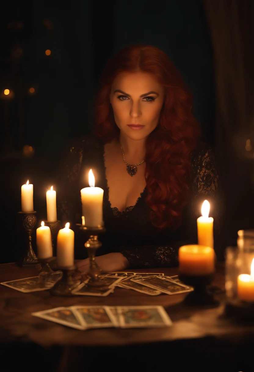 arafed woman sitting at a table with a candle and tarot cards, fortune teller, Spell Casting, Spell Casting Wizard, black magic spells, tarot card environment, female magician casting a spell, wizard doing a tarot reading, Magic Witchcraft, casting a protection spell, witch woman, dark fantasy female magician, with black magic powers, like a tarot card, looking straight into the camera, redhead