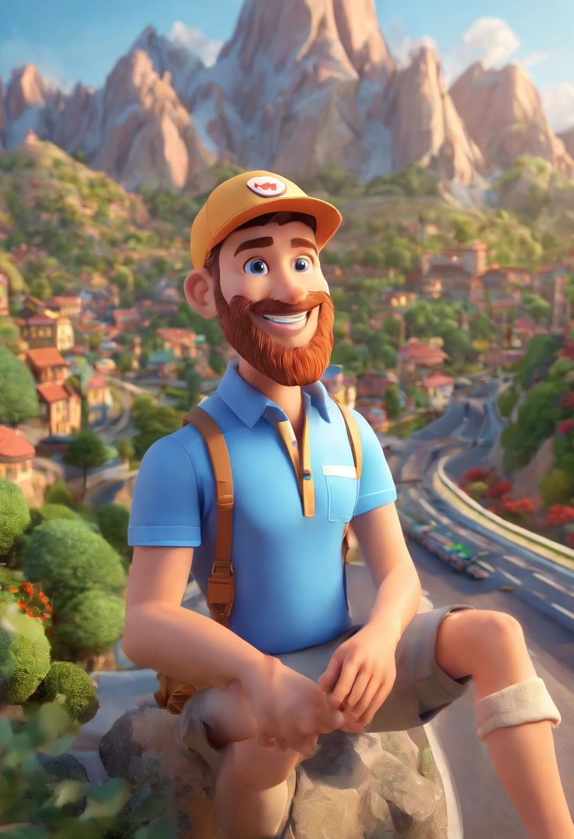 Bearded 23 year old man smiling wearing a light blue cap and a blue striped polo shirt and in the background has a busy highway and a mountainous landscape in 3d Disney pixar style