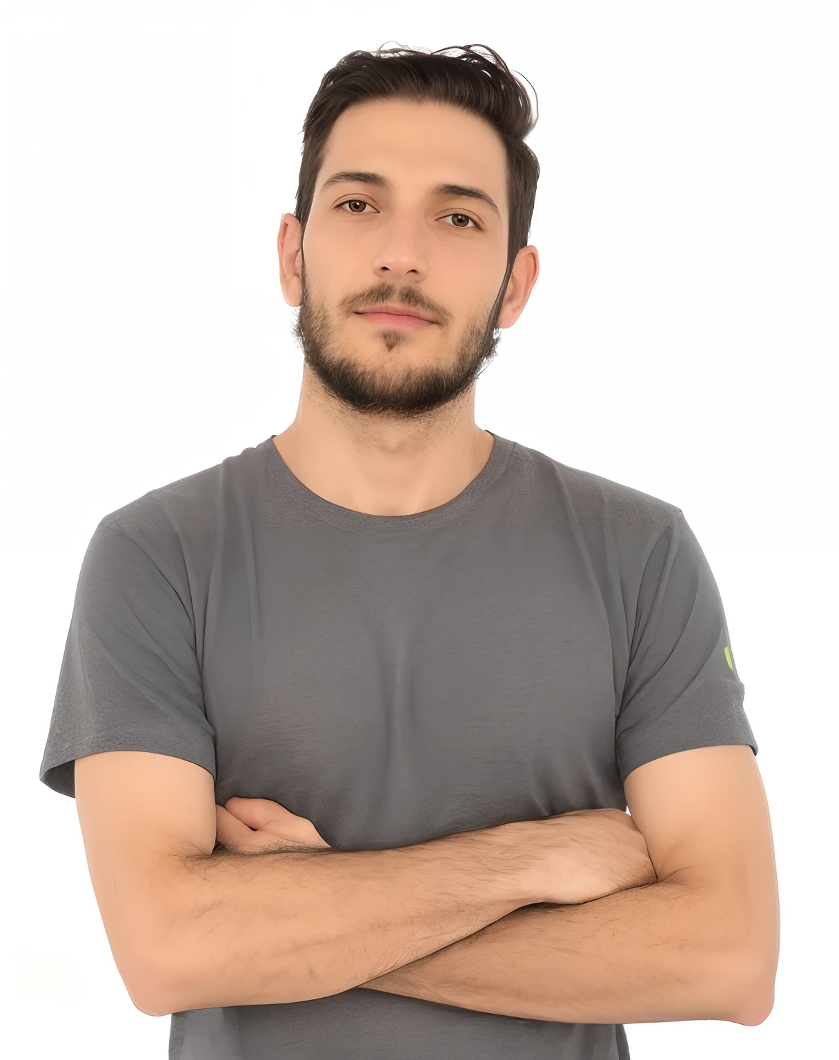 Homem de 37 anos, camisa cinza, barba