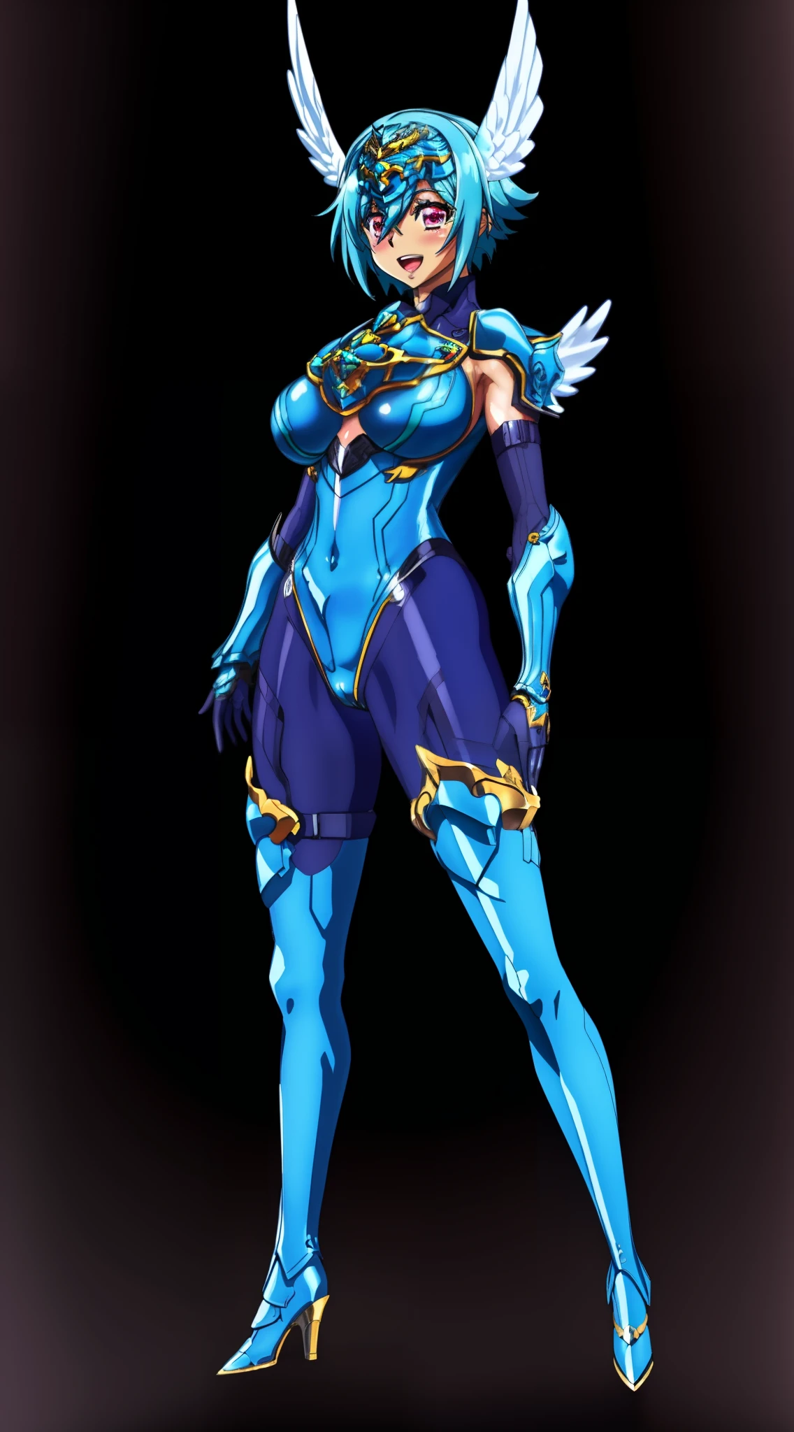 sandalphon (the seven heavenly virtues), masterpiece, best quality, 1girl, solo, short hair, blue hair, red eyes, blush, wings, open mouth, armor, gloves, head wings, full body, boots, white body suit, smile, big breast, tall, latex suit,pantyhose, scarf,