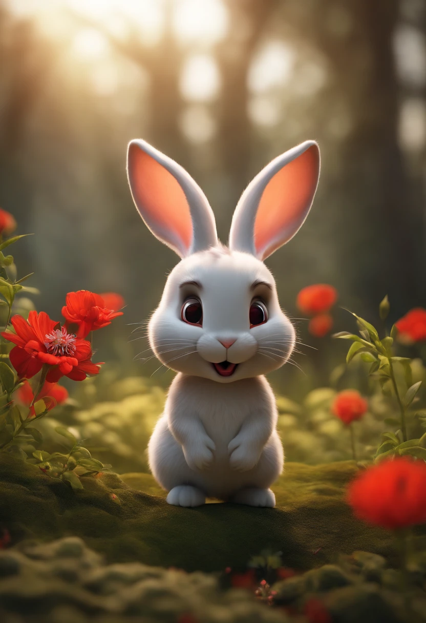 (((Cartoon Character 1.3))),(((Super cute rabbit))),A red flower on the head of a rabbit,stand posture,Naughty expression,HD Real,Black eyes,Flying figure,HD picture,Sony SLR lens,Shoot at medium distance,Soft lighting,