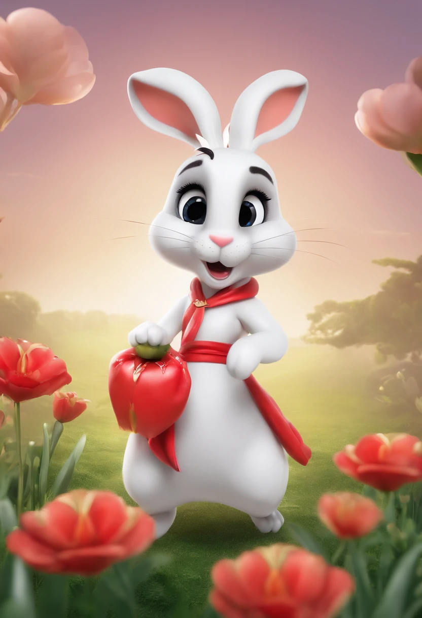 (((Cartoon Character 1.3)))，(((Super cute rabbit)))，A red flower on the head of a rabbit，stand posture，Naughty expression，HD Real，Black eyes，Flying figure，HD picture，Sony SLR lens，Shoot at medium distance，Soft lighting，