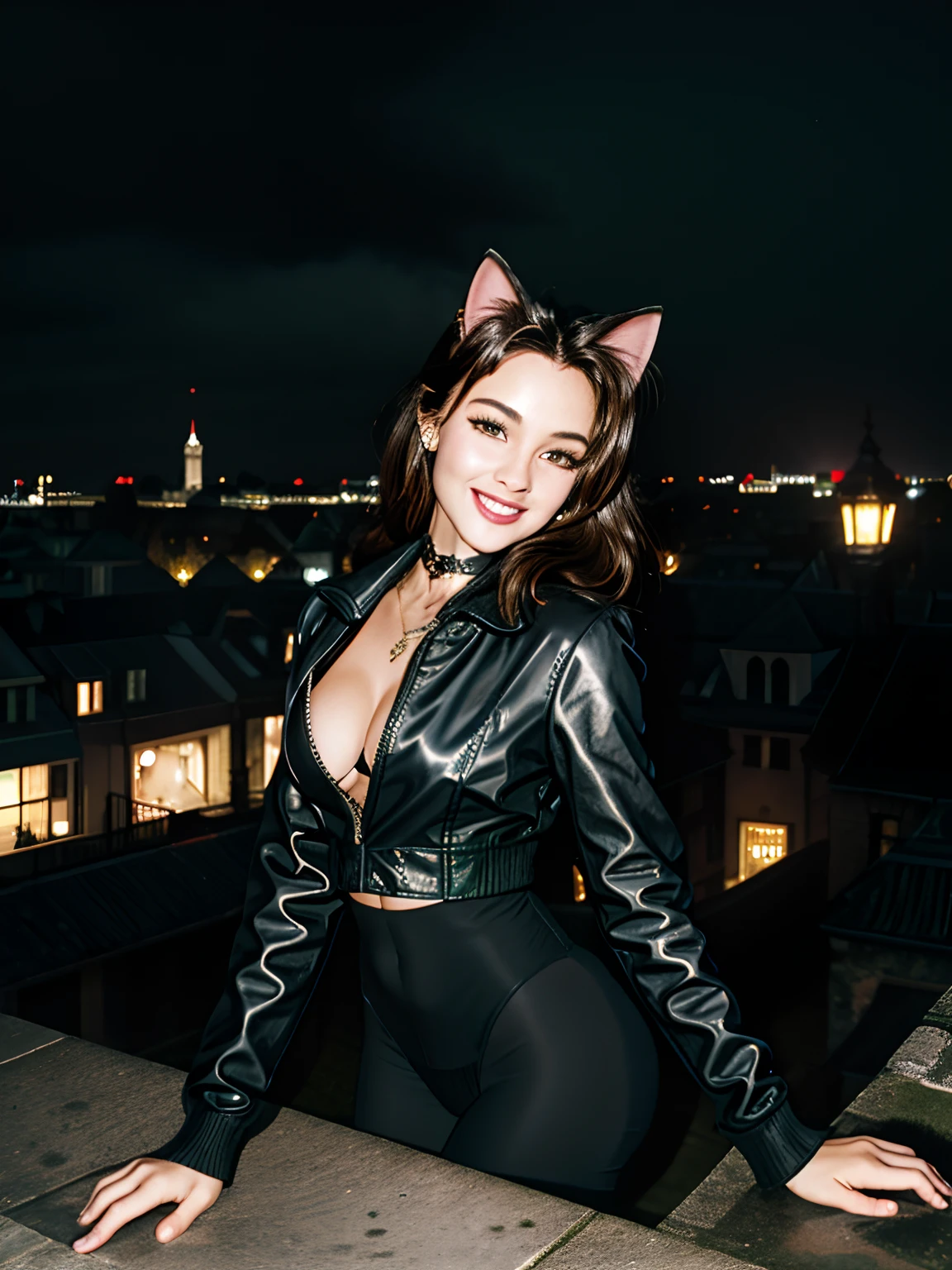 (elegant mature)+ cat-woman, closeup-view, (masterpiece)+, intricate details, (1999s)++, (best quality)++, (gothic city roof view at night)+, (black)+ iridescent [full body bodysuit], crop jacket, smile, slim-thick, extremely detailed, dynamic elastic pose, mist, (mature face)+, big cat-ears, rain, 1990s \(style\)+, 90s flash photo