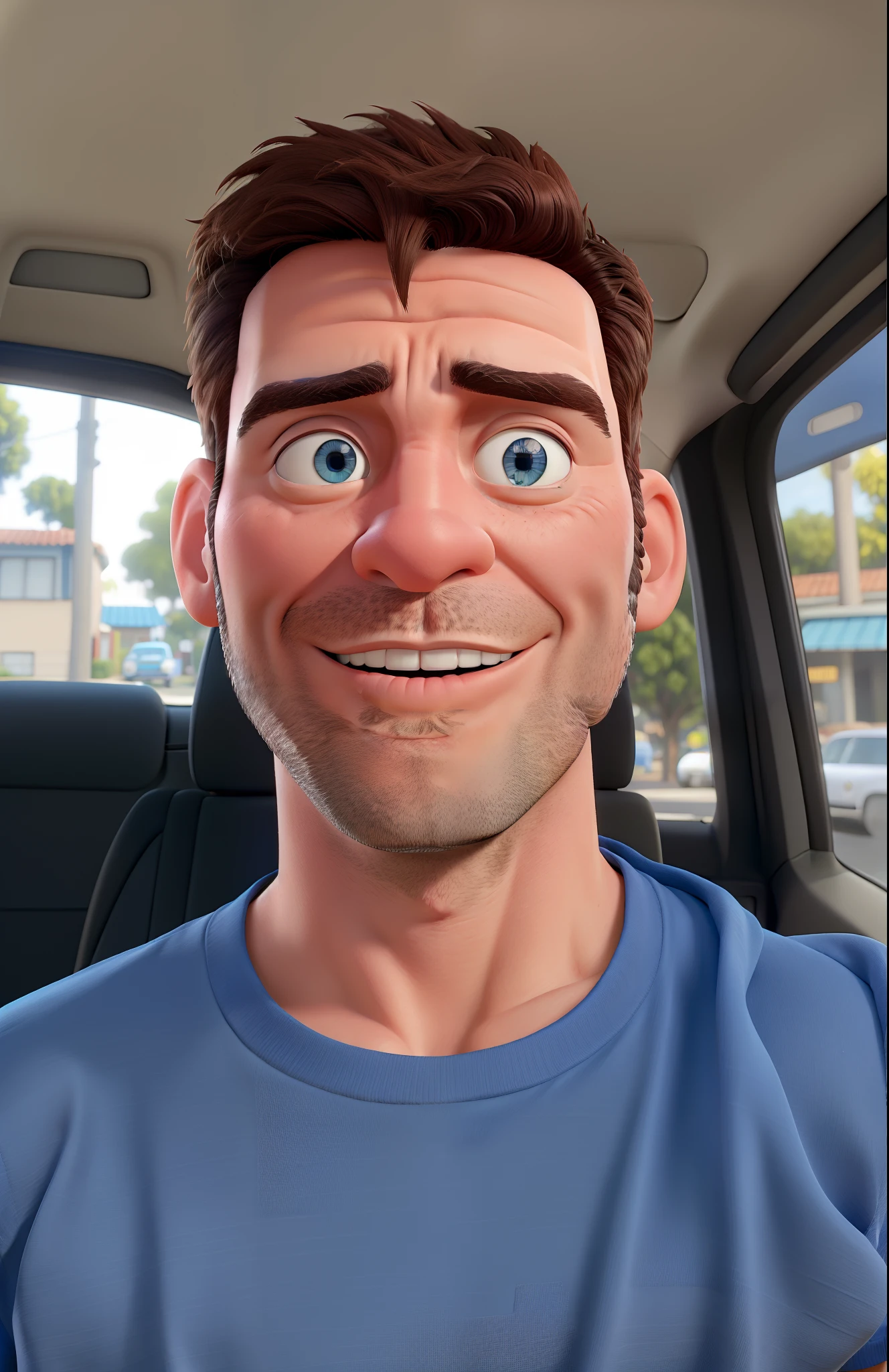 Homem dentro de carro camisa azul estilo pixar 40 anos