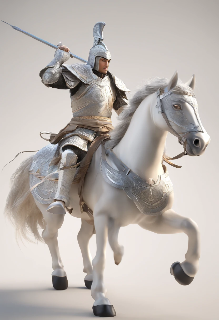Luu bei,A old general in white,Holding a silver spear in his hand,Warring states,The armor which is gorgeous with a silver-white pattern,Clear, delicate and handsome facial features,A pair of murderous eyes,Very clearly visible face,Riding a white steed is charging,Lead the way, super-fine, in white background