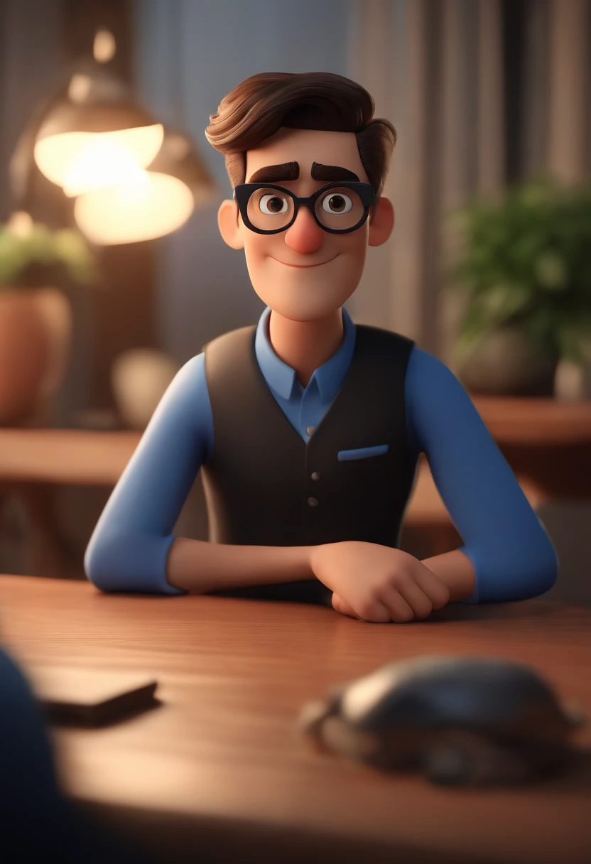 Cartoon character of a man wearing black glasses and a blue shirt, um personagem animado, Caractere estilizado, animation style rendering, 3D estilizado, Arnold Maya render, 3 d render stylized, toon render keyshot, Personagem 3D, Personagem 3D, 3d rendering stylized, 3 d character render, personagem de desenho animado, Personagem de close up, Pose de personagem, (Estilo Pixar) (master part:1.2) (Bokeh) (best quality) (pele detalhada) (textura detalhada) (8k) (argila) (Cinematic lighting) (foco nítido,Senta e vaza a parte superior do corpo