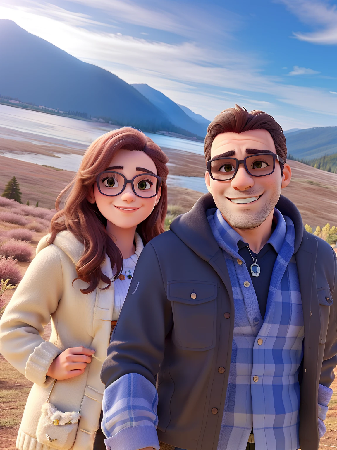 Um casal em uma paisagem montanhosa