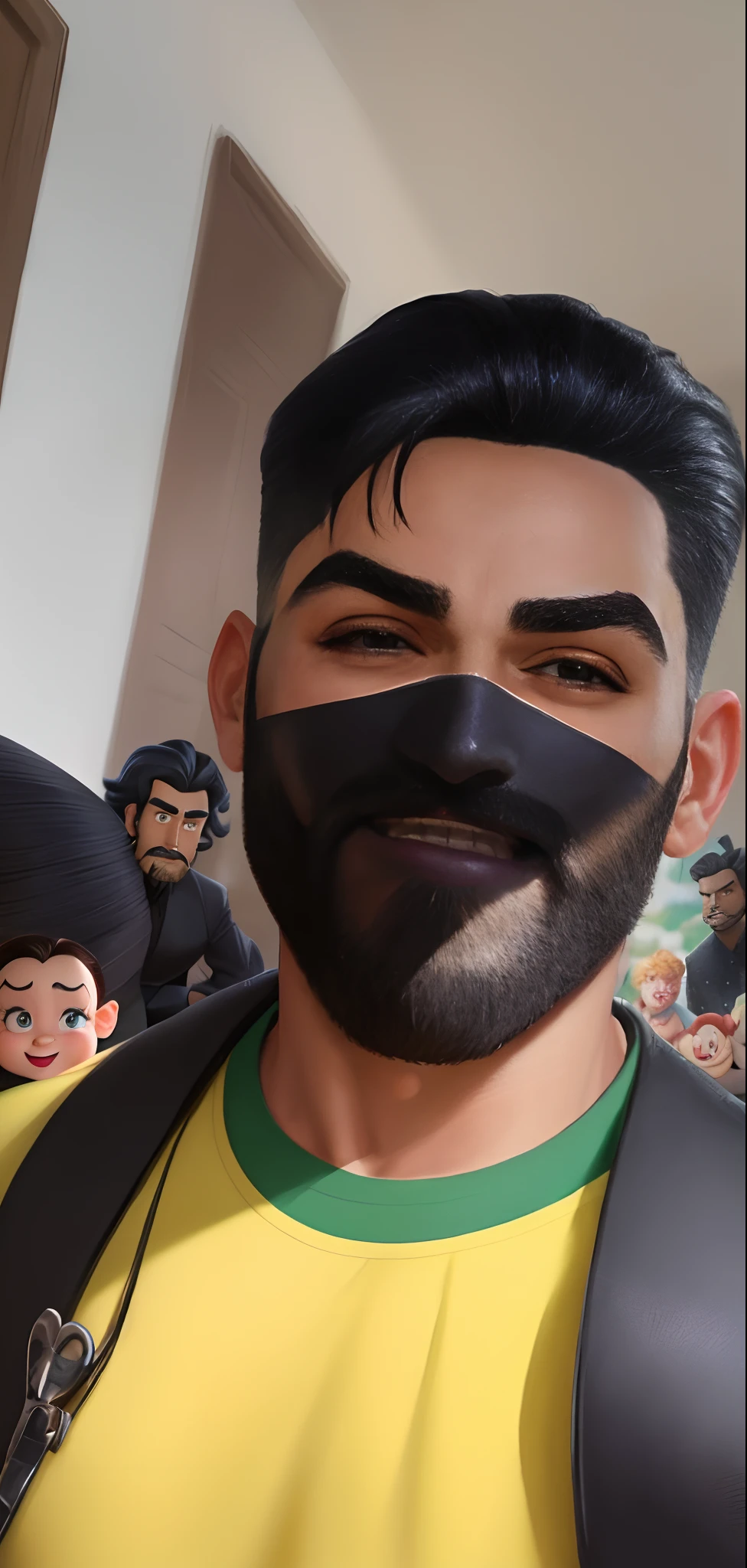 Disney Pixar moreno do cabelo preto liso, dos olhos castanhos escuro rosto levemente redondos, os olhos puxados,com barba, alto 1,80 m, sorriso bonito e elegante de terno