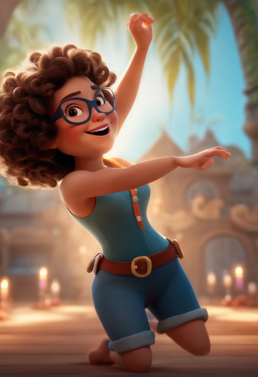 Pixar style image with 3D character white glasses brunette woman short curly hair dancing, Maquiagem Disney,Pescador, bonitinho, sorridente ,Close-up, Pixar, Disney, Cinema lighting,