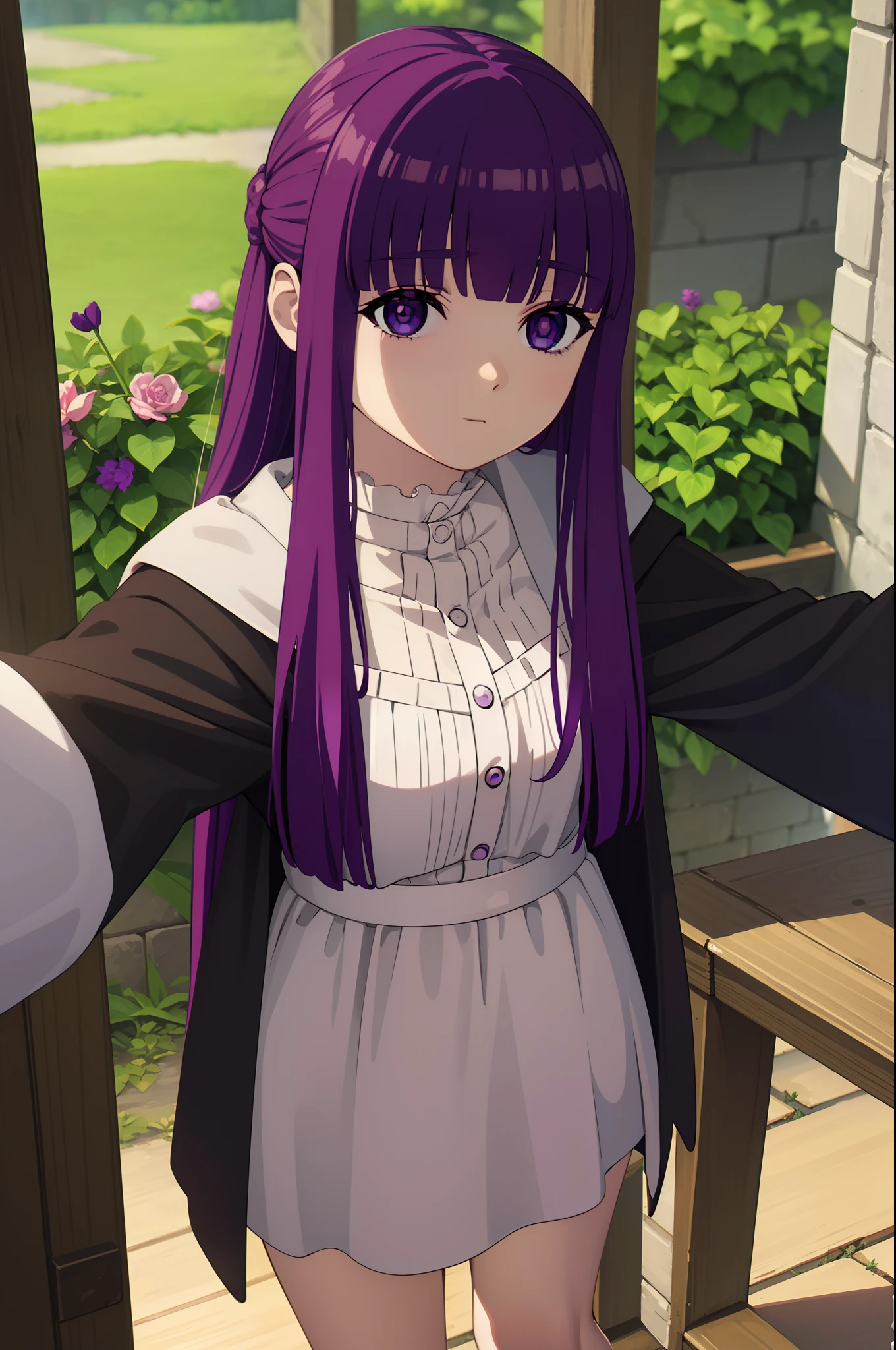 fern, long hair, bangs, (purple eyes:1.1), purple hair, mini skirt, thigh, thigh shot, outdoor, looking at viewer, selfie, selfie angle, from above, (masterpiece:1.2), best quality, high resolution, unity 8k wallpaper, (illustration:0.8), (beautiful detailed eyes:1.6), extremely detailed face, perfect lighting, extremely detailed CG, (perfect anatomy)