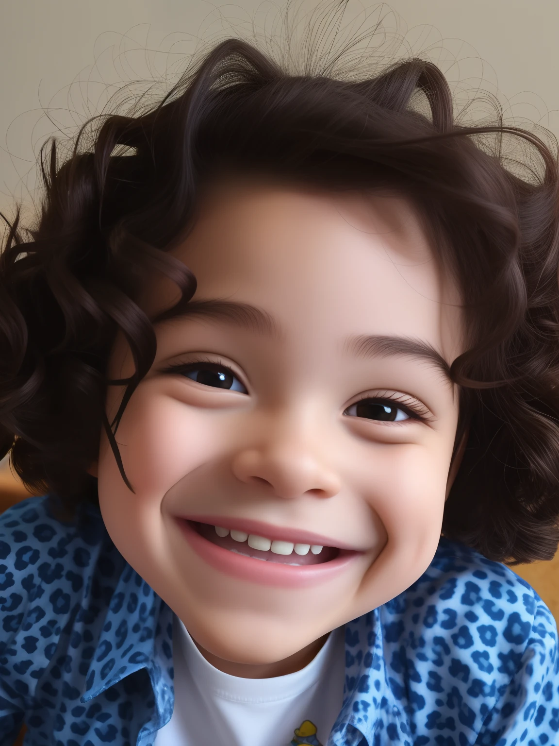 Arafed with a blue leopard print shirt and a tie, sorriso muito grande, happily smiling at the camera, sorriso muito grande, grande sorriso em seu rosto, sorriso doce, large eyes and menacing smile, bonito e sorridente, sorriso travesso, Riyahd Cassiem, she is smiling and happy, lovely smile, menina sorridente estilo Disney Pixar