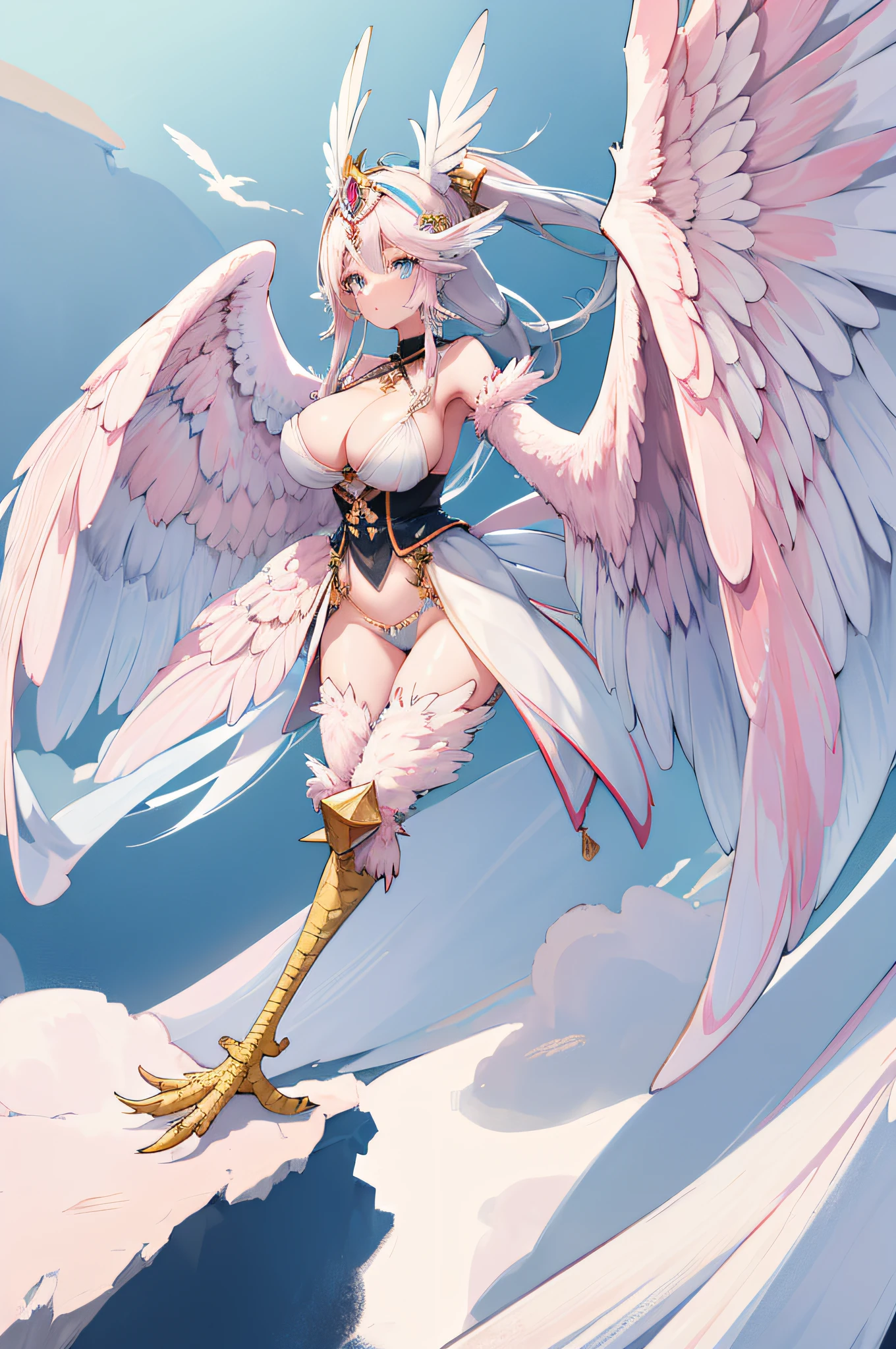 4k,hight resolution,One Woman,harpy,White pink hair,Long ponytail,huge tit,Light blue eyes,White wings,Golden toenails,valkyrie,White Valkyrie Heavy Armor,Winged headgear,Pink Gemstone Decoration,Temple in the Sky