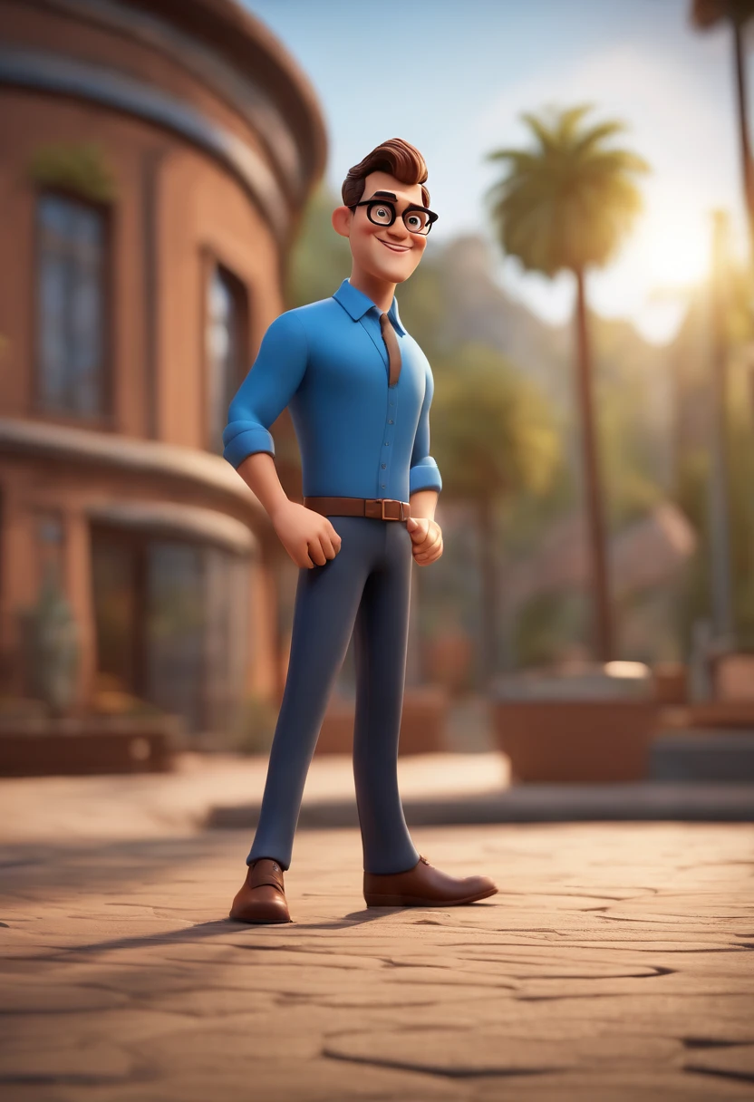 Cartoon character of a man wearing black glasses and a blue shirt, um personagem animado, Caractere estilizado, animation style rendering, 3D estilizado, Arnold Maya render, 3 d render stylized, toon render keyshot, Personagem 3D, Personagem 3D, 3d rendering stylized, 3 d character render, personagem de desenho animado, Personagem de close up, Pose de personagem, (Estilo Pixar) (master part:1.2) (Bokeh) (best quality) (pele detalhada) (textura detalhada) (8k) (argila) (Cinematic lighting) (foco nítido，Senta e vaza a parte superior do corpo