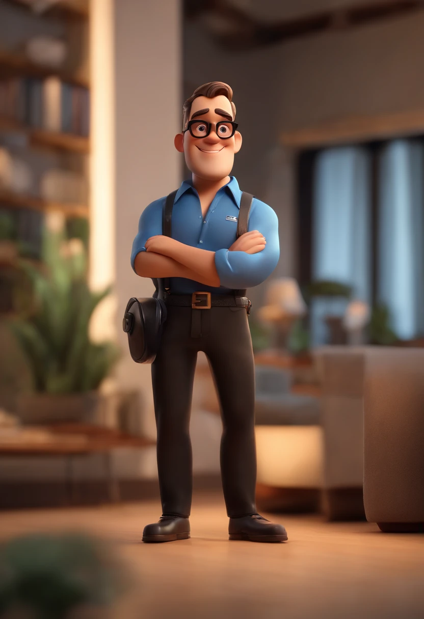 Cartoon character of a man wearing black glasses and a blue shirt, um personagem animado, Caractere estilizado, animation style rendering, 3D estilizado, Arnold Maya render, 3 d render stylized, toon render keyshot, Personagem 3D, Personagem 3D, 3d rendering stylized, 3 d character render, personagem de desenho animado, Personagem de close up, Pose de personagem, (Estilo Pixar) (master part:1.2) (Bokeh) (best quality) (pele detalhada) (textura detalhada) (8k) (argila) (Cinematic lighting) (foco nítido,Senta e vaza a parte superior do corpo