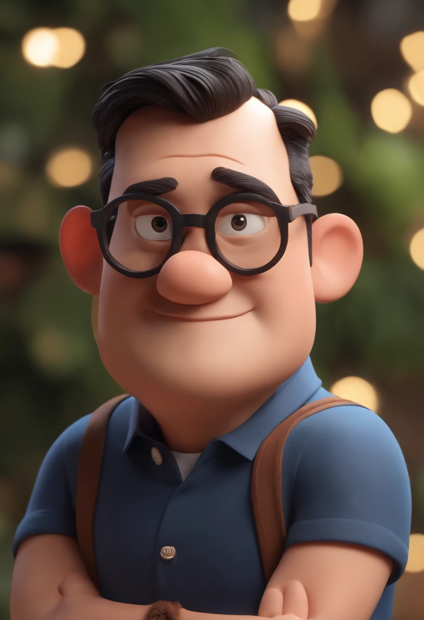 Cartoon character of a man wearing black glasses and a blue shirt, um personagem animado, Caractere estilizado, animation style rendering, 3D estilizado, Arnold Maya render, 3 d render stylized, toon render keyshot, Personagem 3D, Personagem 3D, 3d rendering stylized, 3 d character render, personagem de desenho animado, Personagem de close up, Pose de personagem, (Estilo Pixar) (master part:1.2) (Bokeh) (best quality) (pele detalhada) (textura detalhada) (8k) (argila) (Cinematic lighting) (foco nítido,Senta e vaza a parte superior do corpo