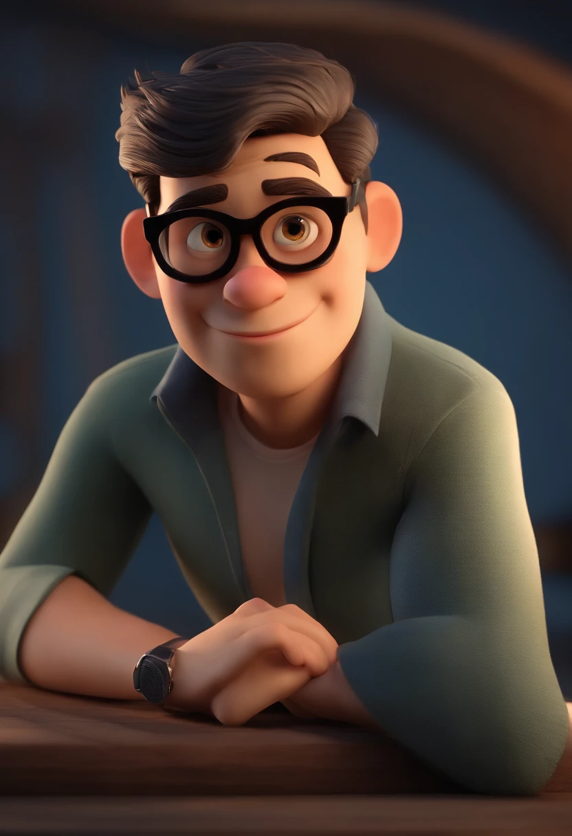 Cartoon character of a man wearing black glasses and a blue shirt, um personagem animado, Caractere estilizado, animation style rendering, 3D estilizado, Arnold Maya render, 3 d render stylized, toon render keyshot, Personagem 3D, Personagem 3D, 3d rendering stylized, 3 d character render, personagem de desenho animado, Personagem de close up, Pose de personagem, (Estilo Pixar) (master part:1.2) (Bokeh) (best quality) (pele detalhada) (textura detalhada) (8k) (argila) (Cinematic lighting) (foco nítido,Senta e vaza a parte superior do corpo