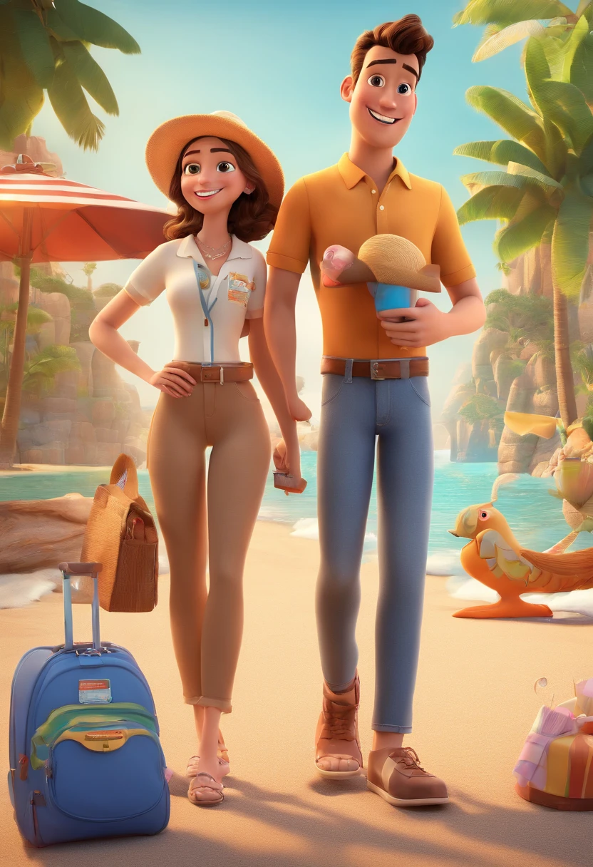 Cartoon of boyfriends having fun on vacation together,  3D Animation Movie Poster, Poster de filme animado, pixar 3 d animation style, pixar renderman rendering, maia 8 mil, animated film, Disney Pixar Estilo 3D, amigos felizes saem juntos, all wearing black shirts and long cream jeans, camisa azul clara, cream brown pants, ao ar livre, vacation, Disney Pixar Animation Poster