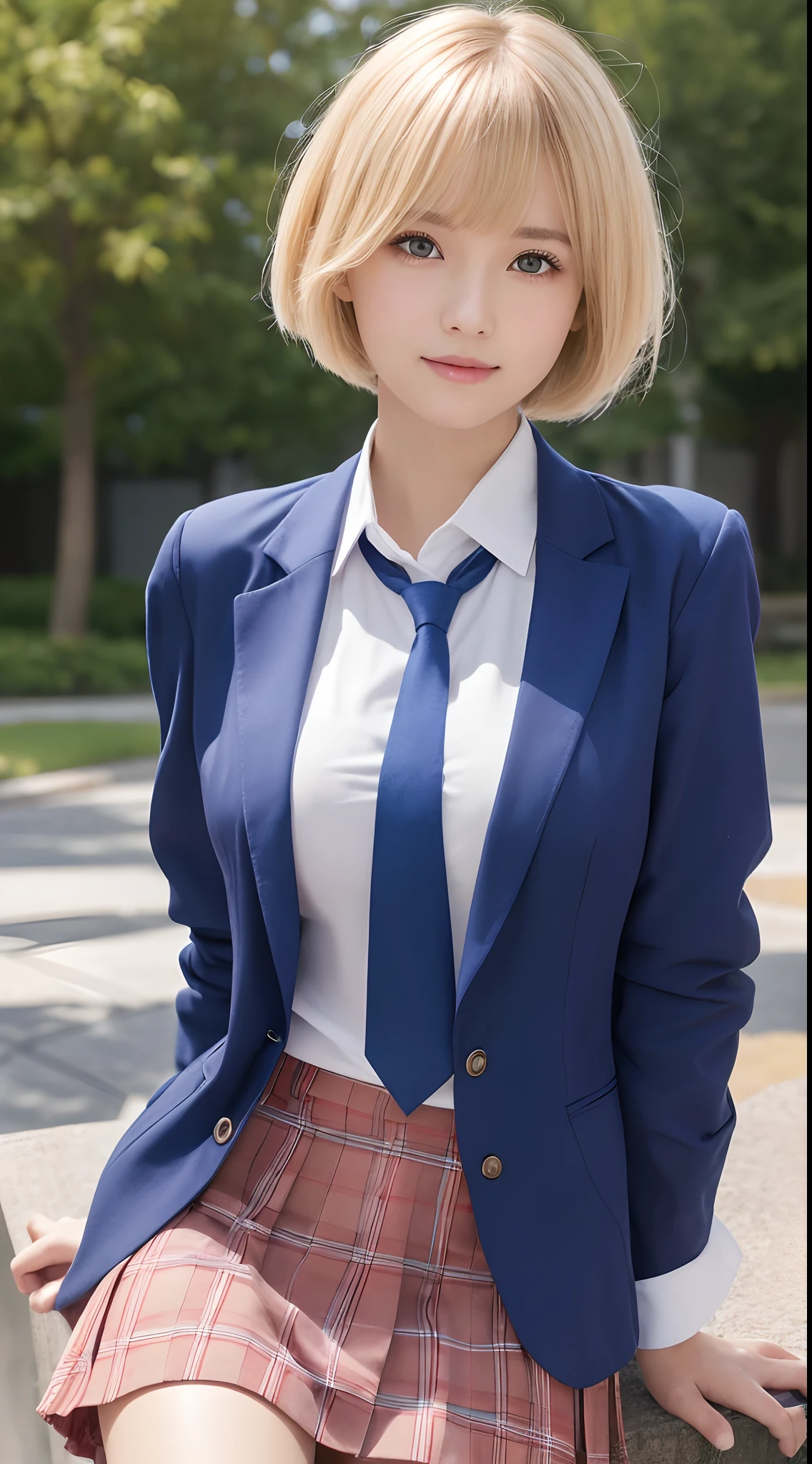 masutepiece,Best Quality,Ultra-detailed,finely detail,hight resolution,in 8K,((Photorealsitic:1.4,Raw photography,超A high resolution,Top image quality:1.4)),masutepiece、Best Quality、 ultra-detailliert、hight resolution、8K Wallpapers、Perfect dynamic composition,、Beautiful detailed eyes、(Beautiful breasts:1.1) 、Blue Blazer、student clothes、white shirt、red necktie、Plaid brown skirt、1girl in、a beauty girl、High school students、Blonde head hair、(a blond)short-cut、short-hair、Hide your left eye with hair、Red Eyes、ssmile